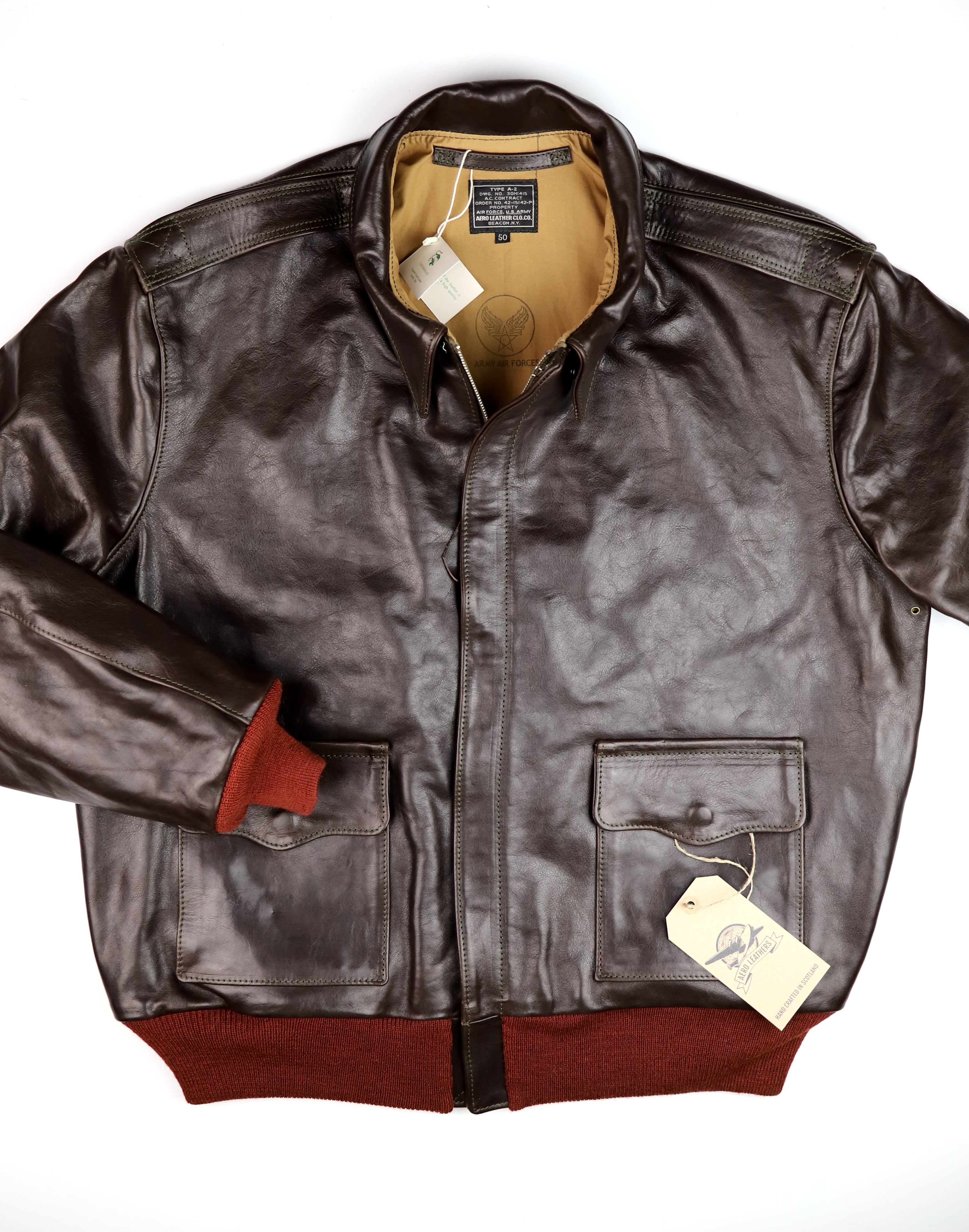 Aero A-2 Military Flight Jacket, size 50, Chestnut Badalassi