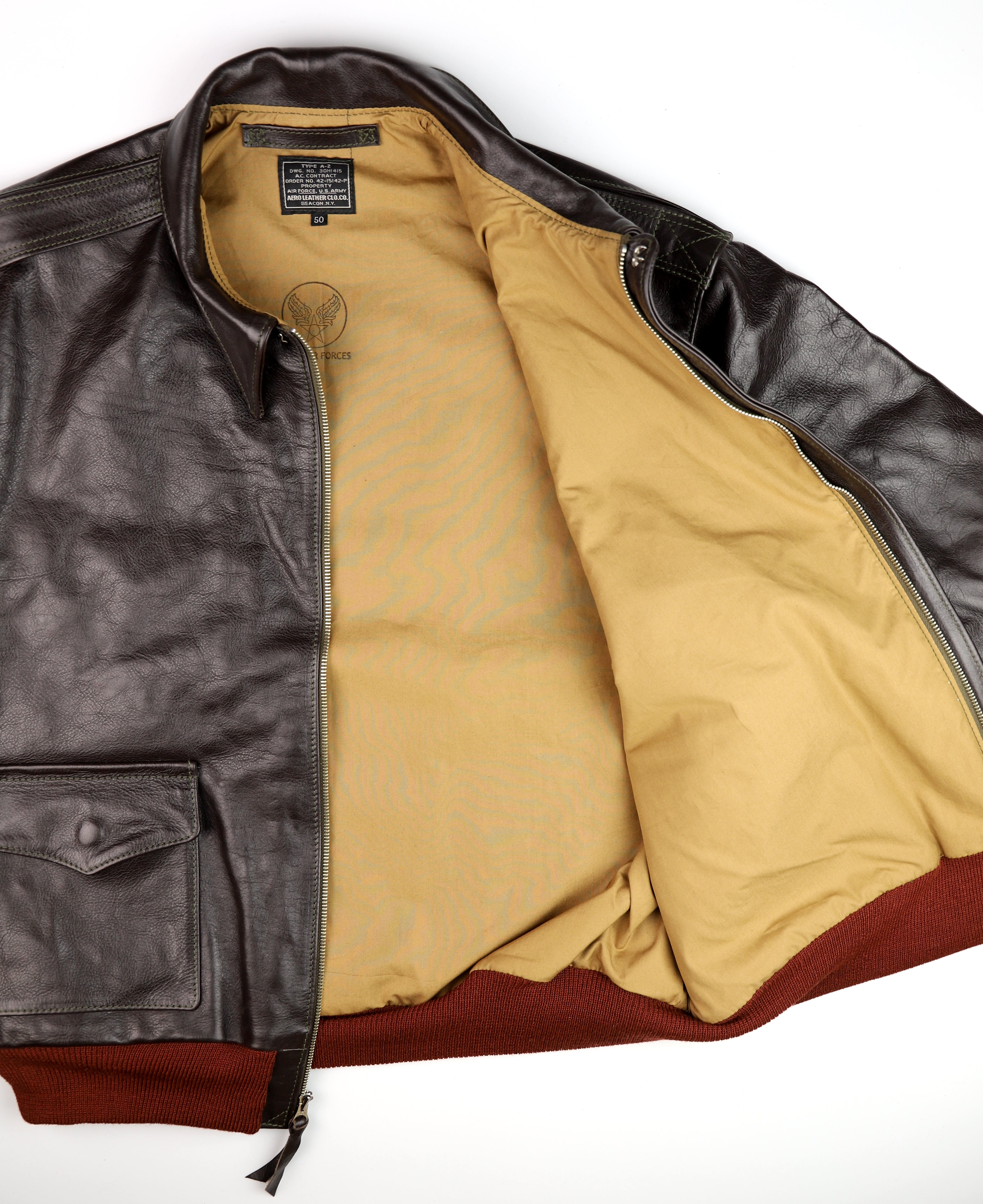 Aero A-2 Military Flight Jacket, size 50, Dark Seal Vicenza Horsehide