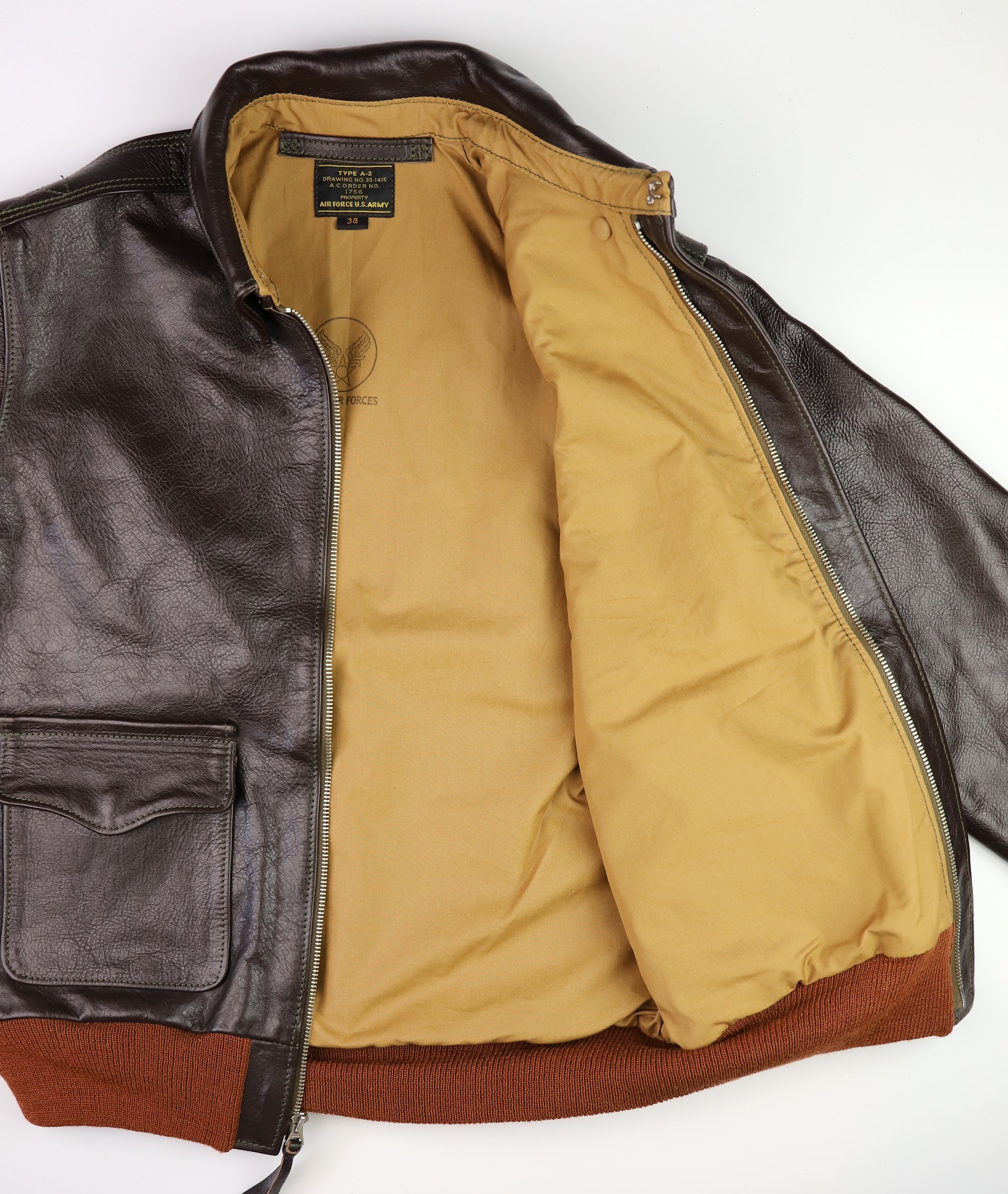 Aero A-2 Military Flight Jacket, size 38, Dark Seal Vicenza Horsehide