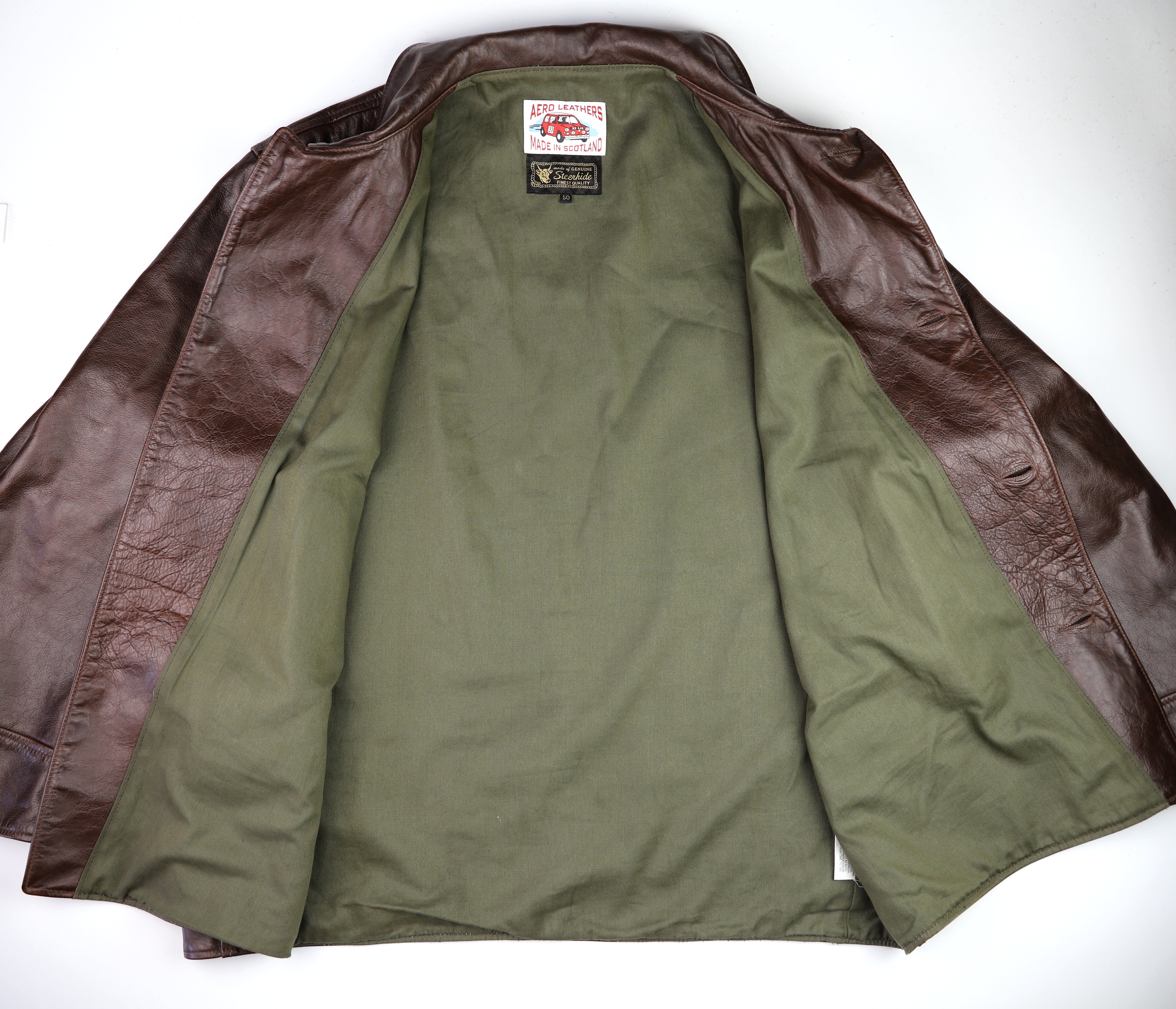 Aero Veste de Rallye, size 50, Battered Brown Steerhide, Gently Worn