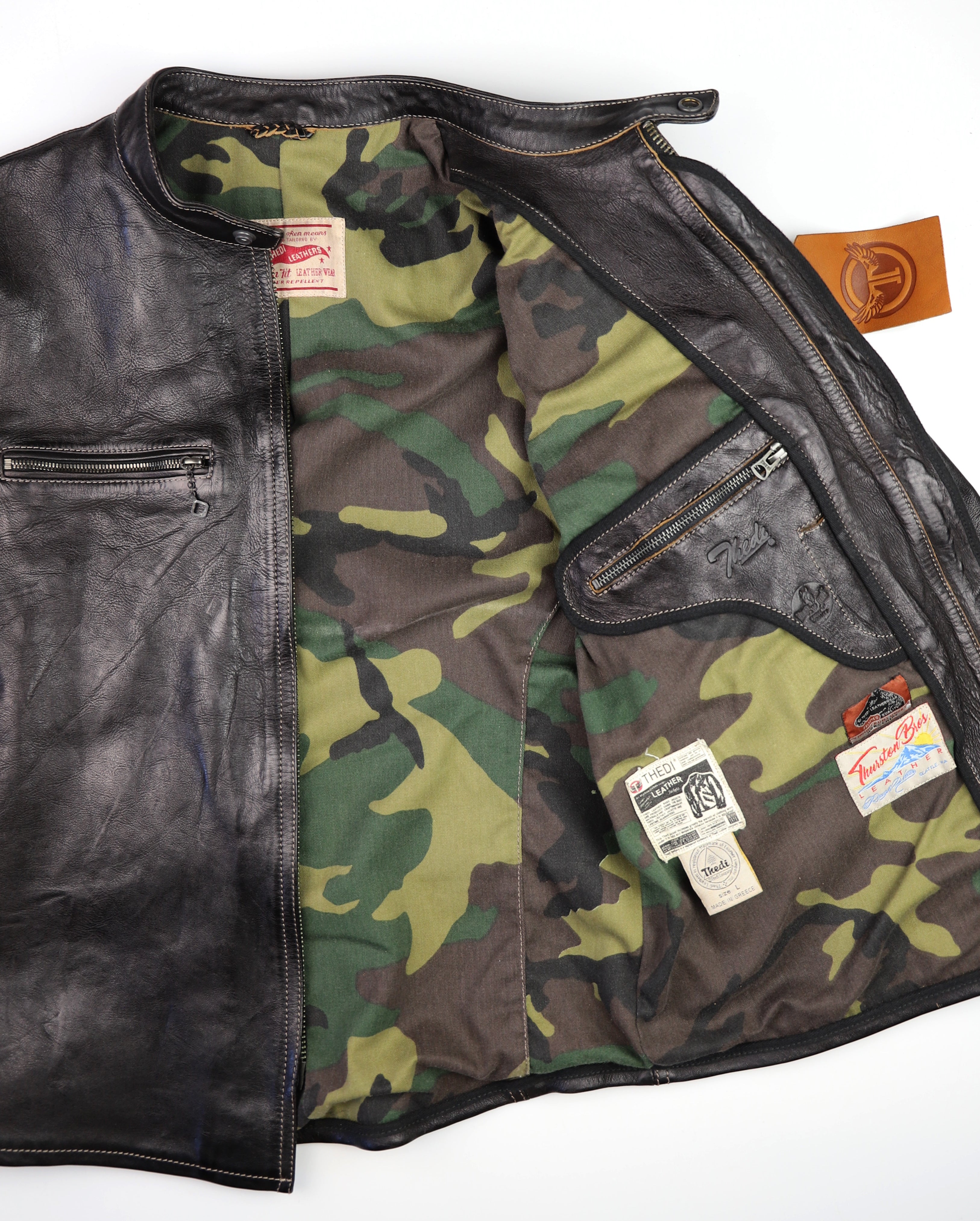 Thedi Phenix Cafe Racer Jacket, size Large, Black Teacore Bruciato Horsehide