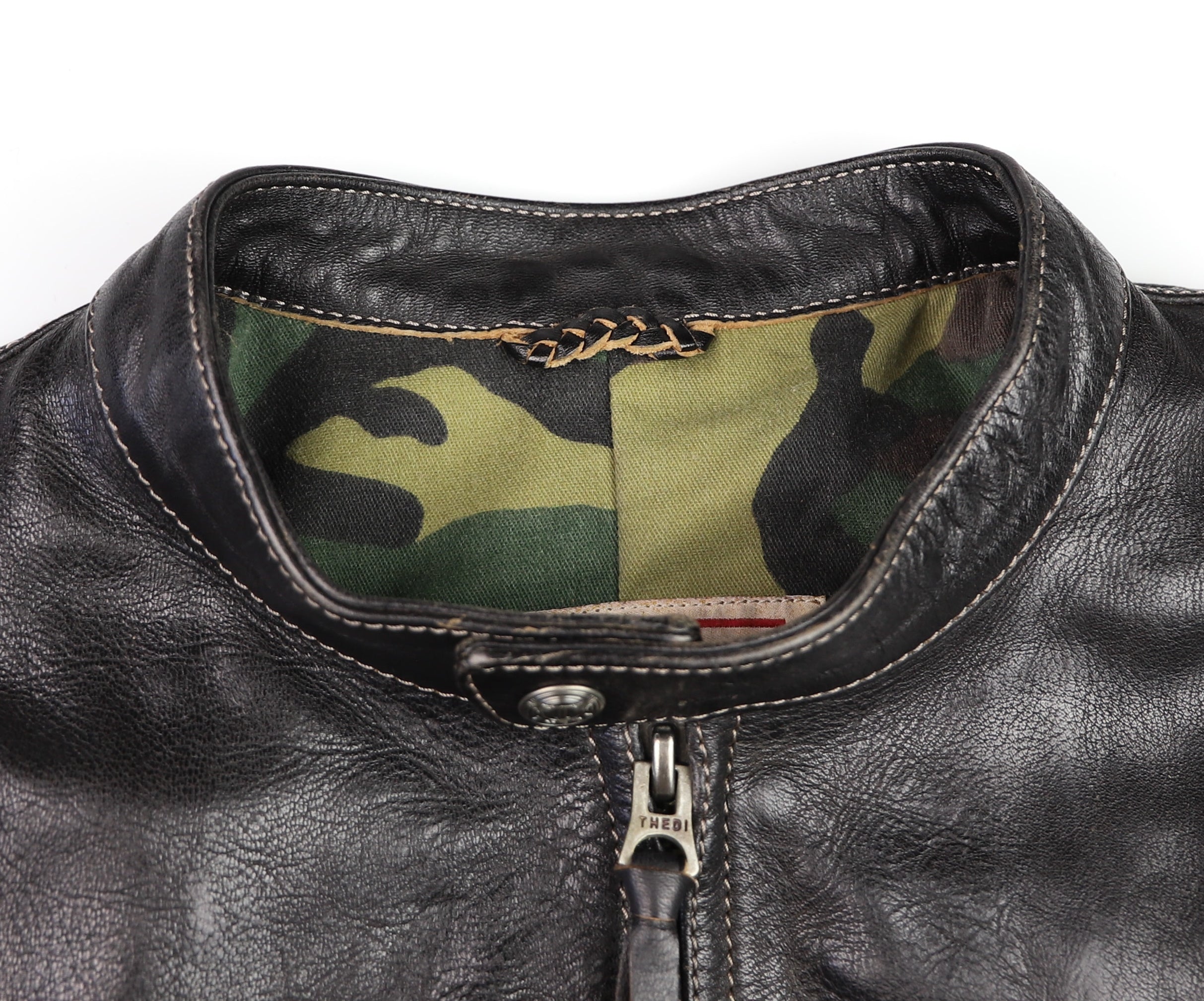 Thedi Phenix Cafe Racer Jacket, size Large, Black Teacore Bruciato Horsehide