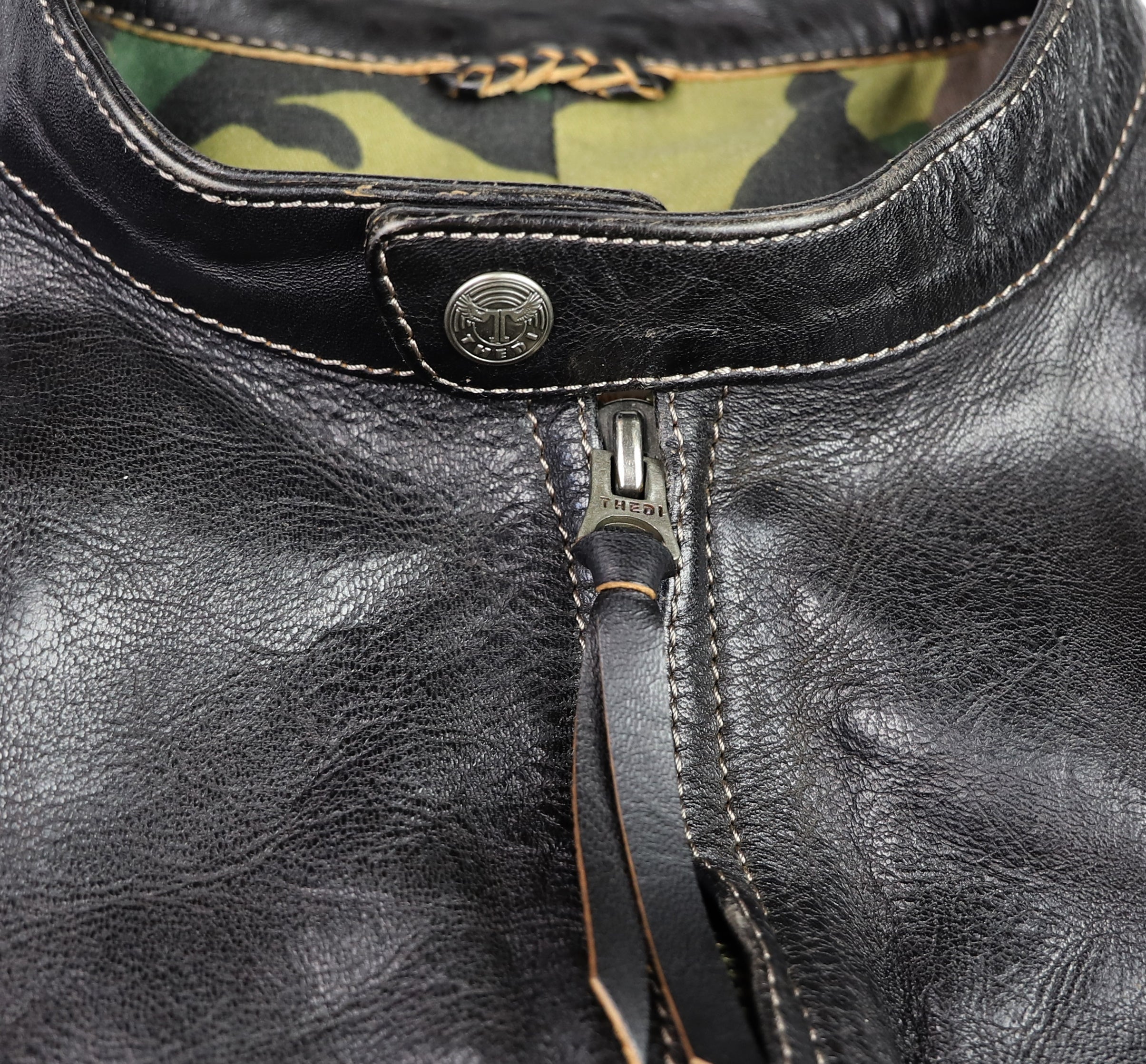 Thedi Phenix Cafe Racer Jacket, size Large, Black Teacore Bruciato Horsehide