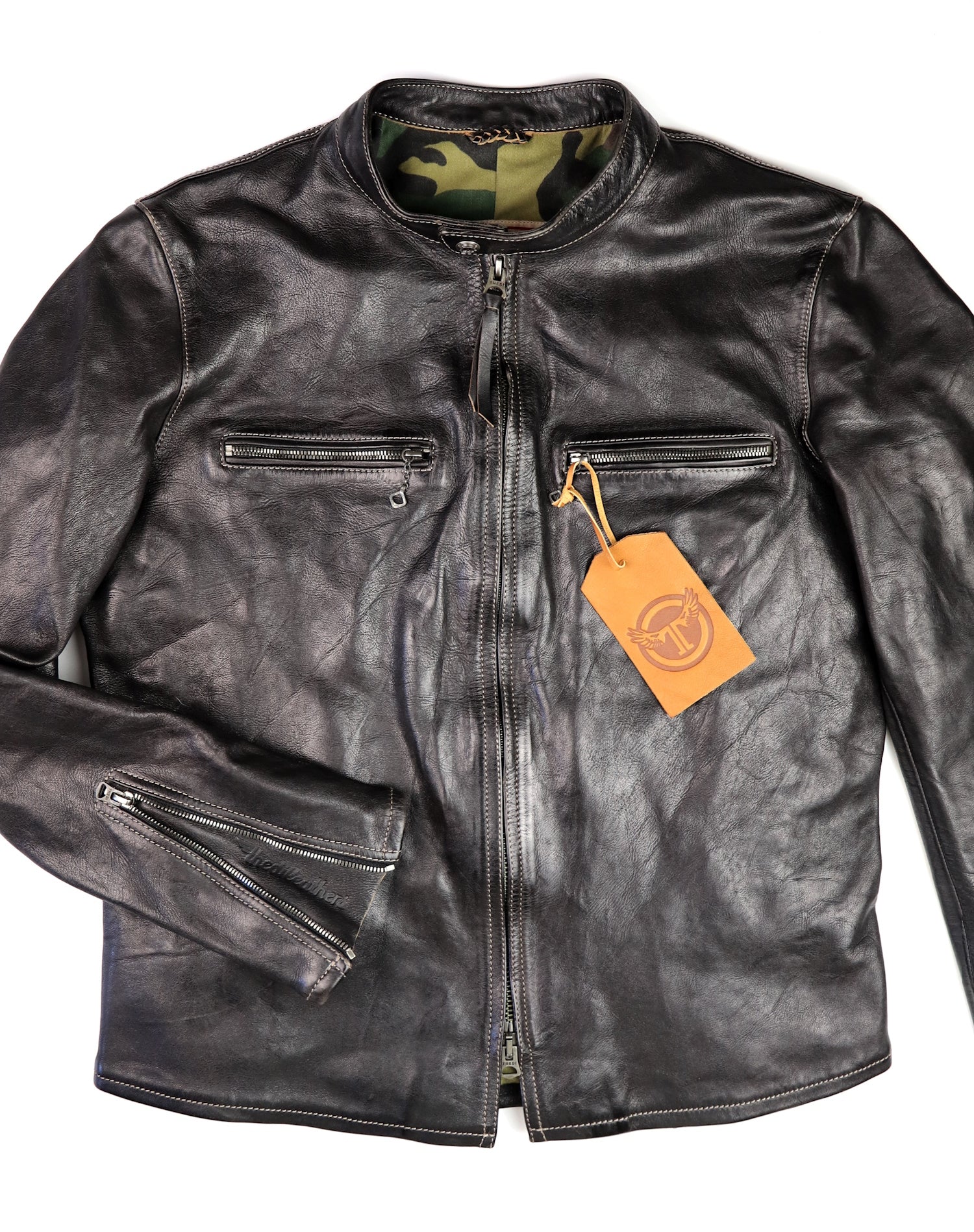 Thedi Phenix Cafe Racer Jacket, size Large, Black Teacore Bruciato Horsehide