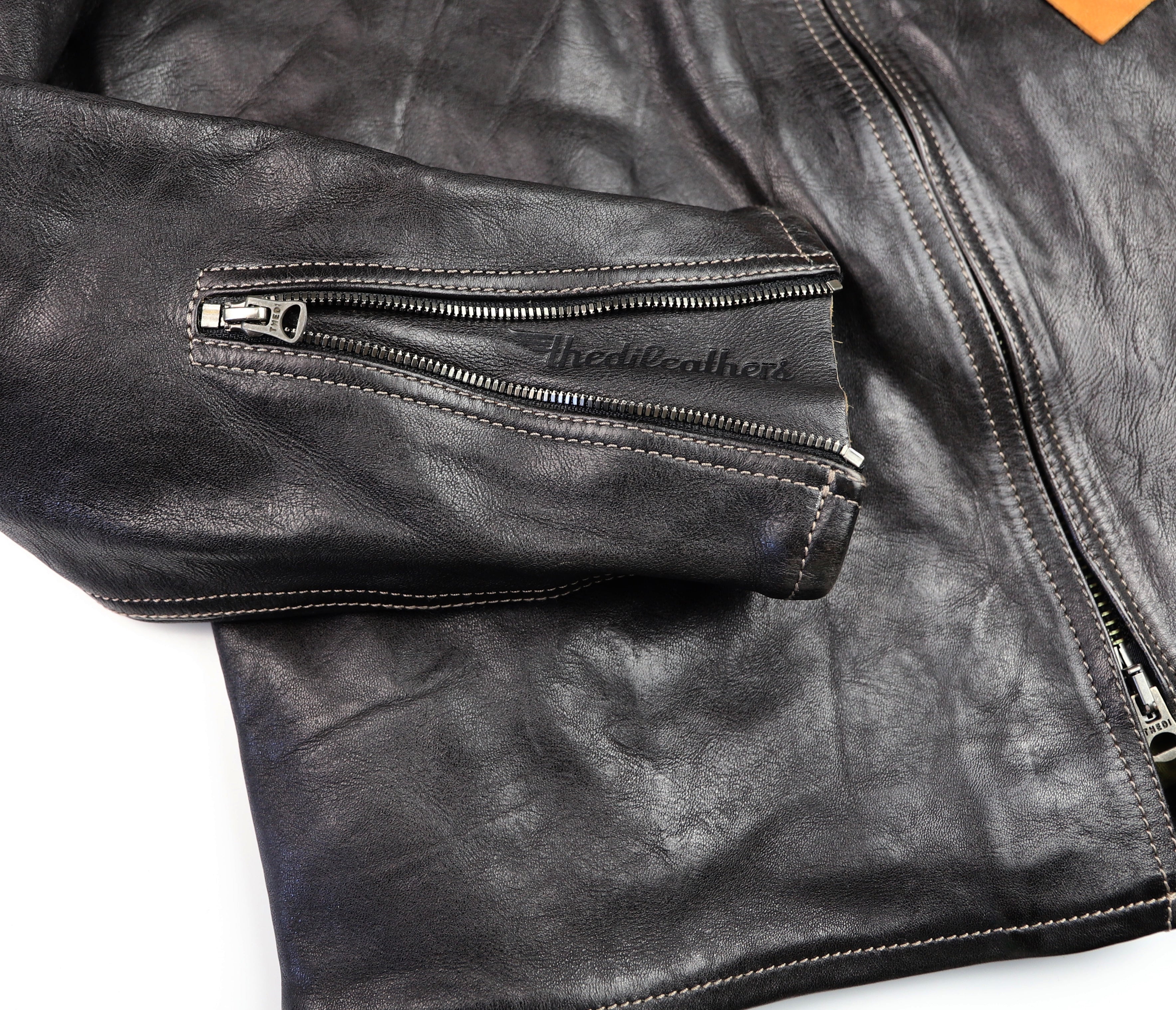 Thedi Phenix Cafe Racer Jacket, size Large, Black Teacore Bruciato Horsehide