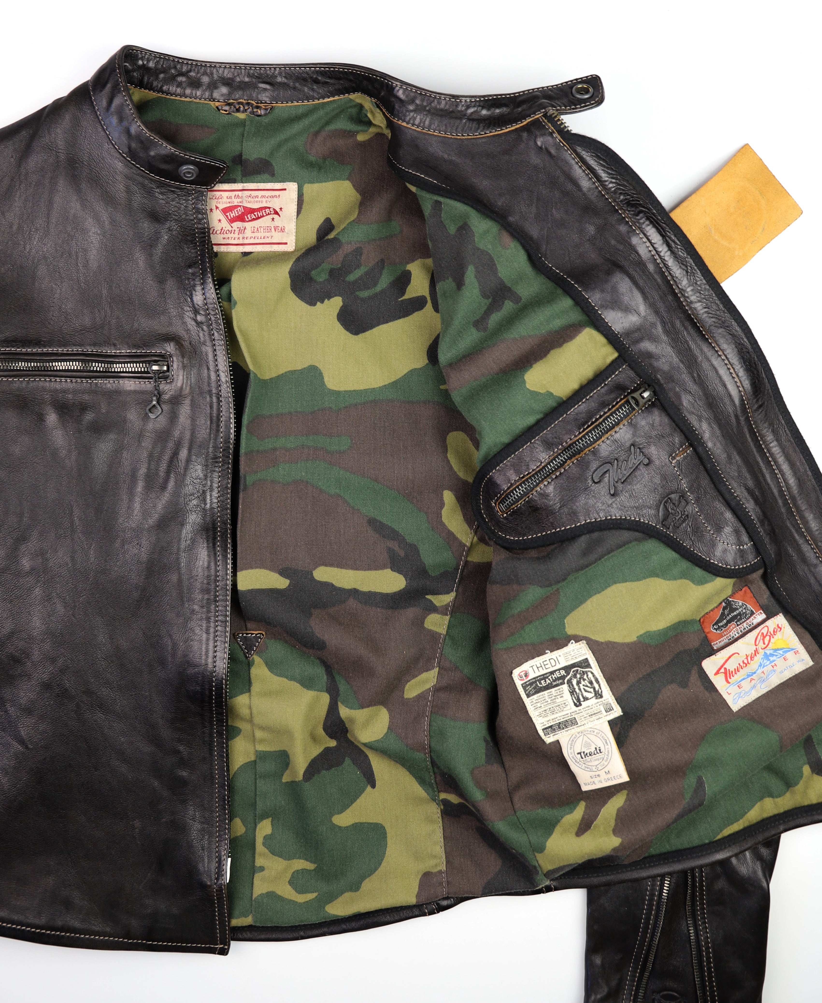 Thedi Phenix Cafe Racer Jacket, size Medium, Black Teacore Bruciato Horsehide