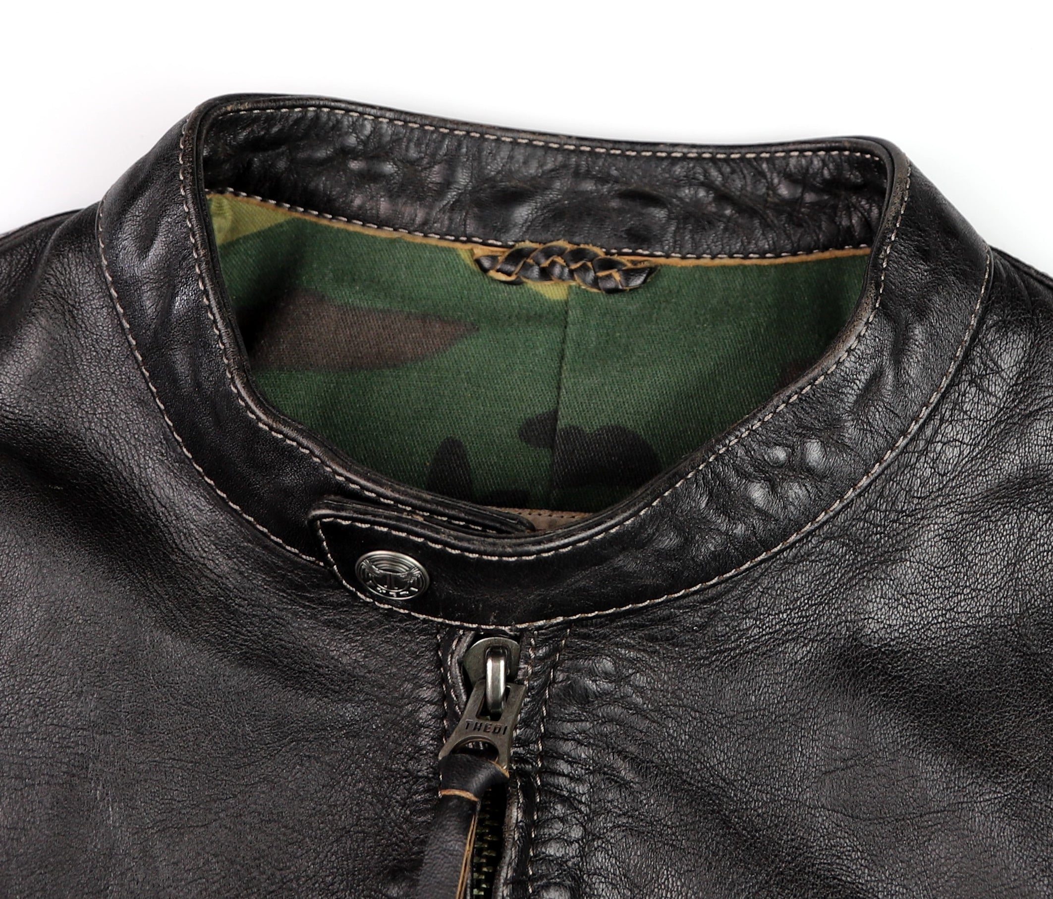 Thedi Phenix Cafe Racer Jacket, size Medium, Black Teacore Bruciato Horsehide