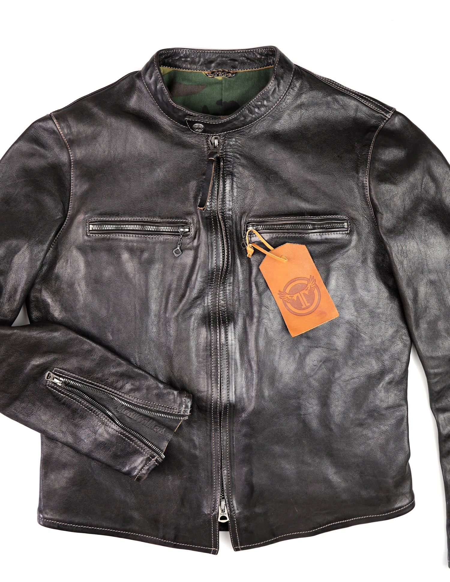 Thedi Phenix Cafe Racer Jacket, size Medium, Black Teacore Bruciato Horsehide