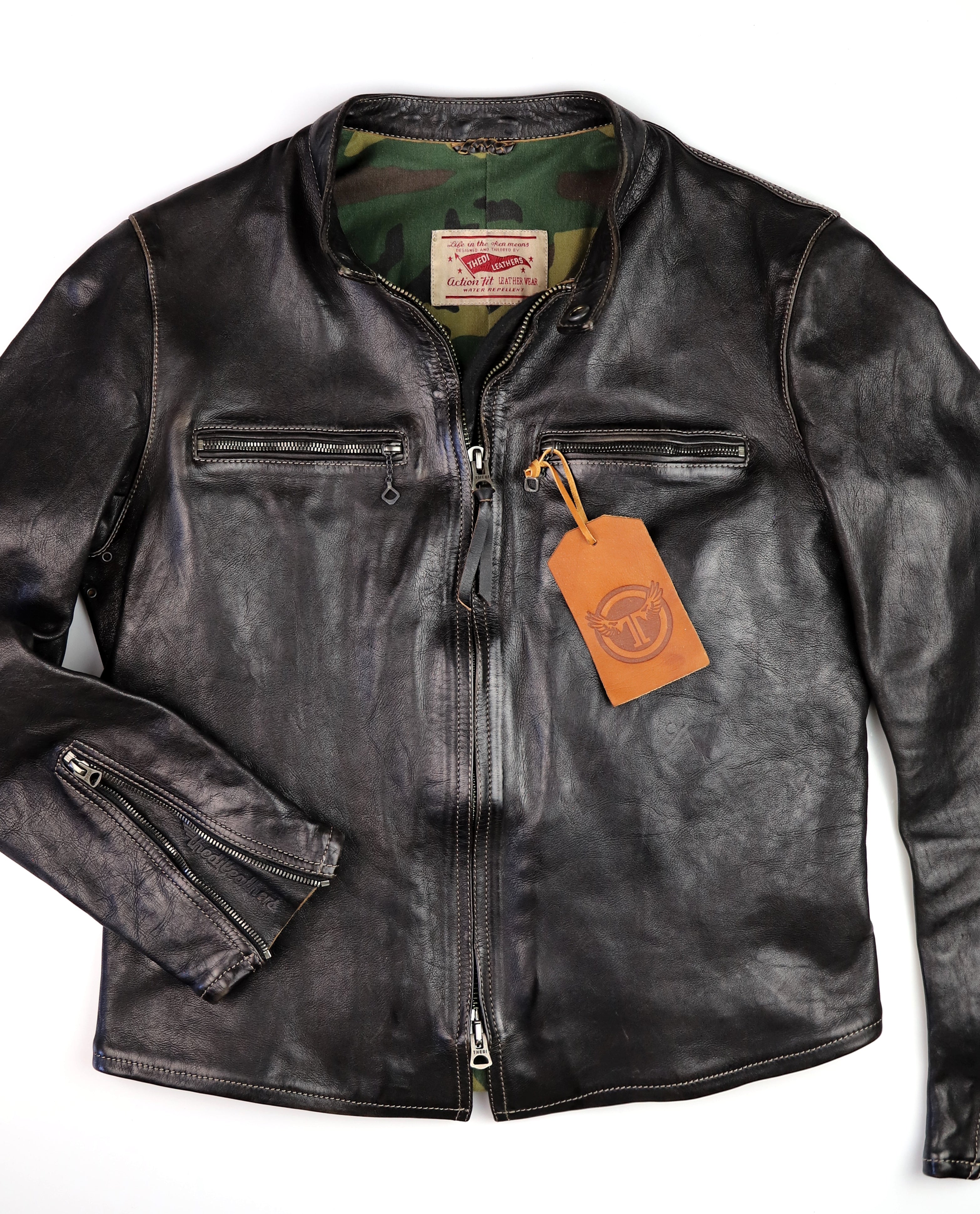 Thedi Phenix Cafe Racer Jacket, size Medium, Black Teacore Bruciato Horsehide