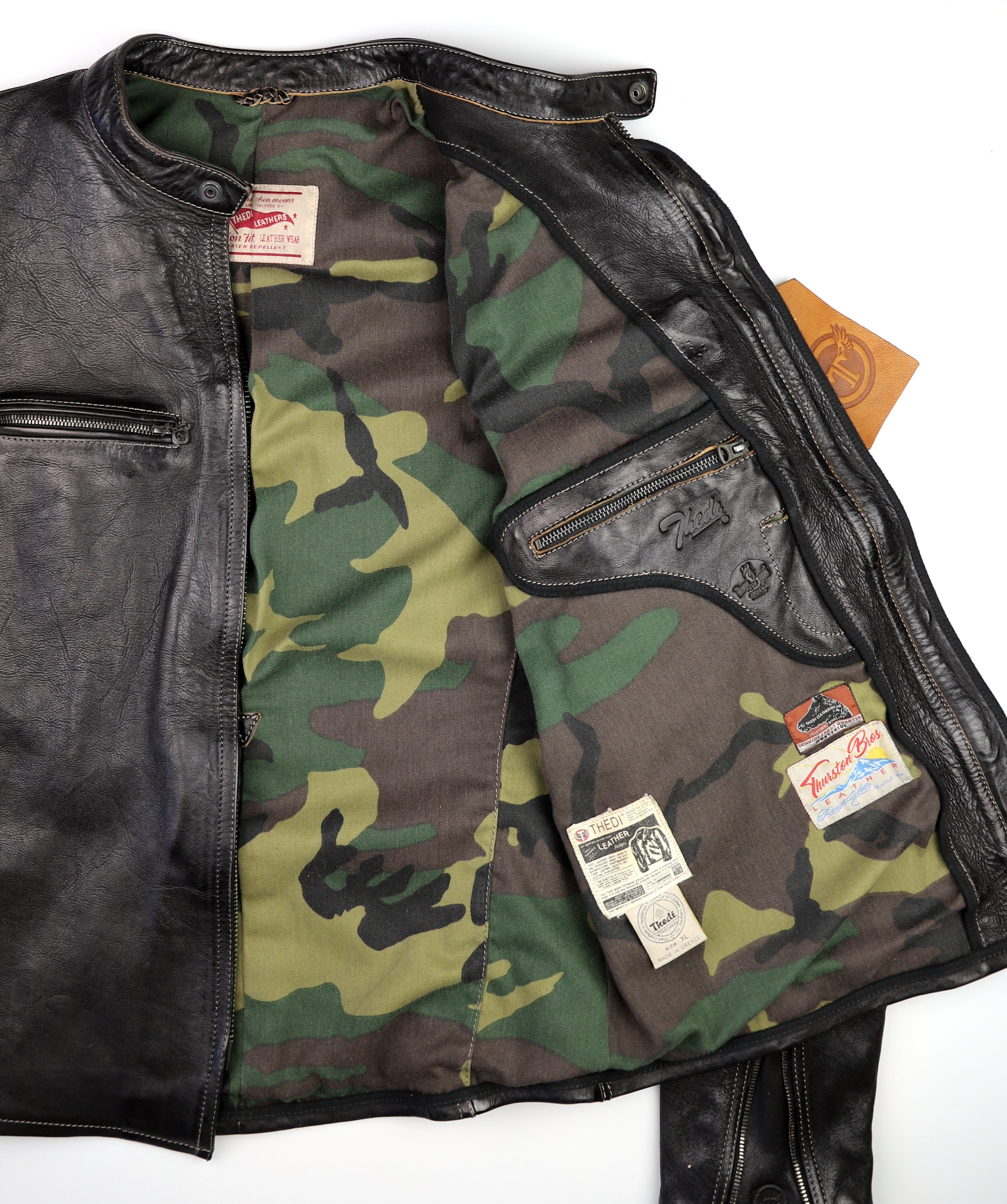 Thedi Phenix Cafe Racer Jacket, size XL, Black Teacore Bruciato Horsehide