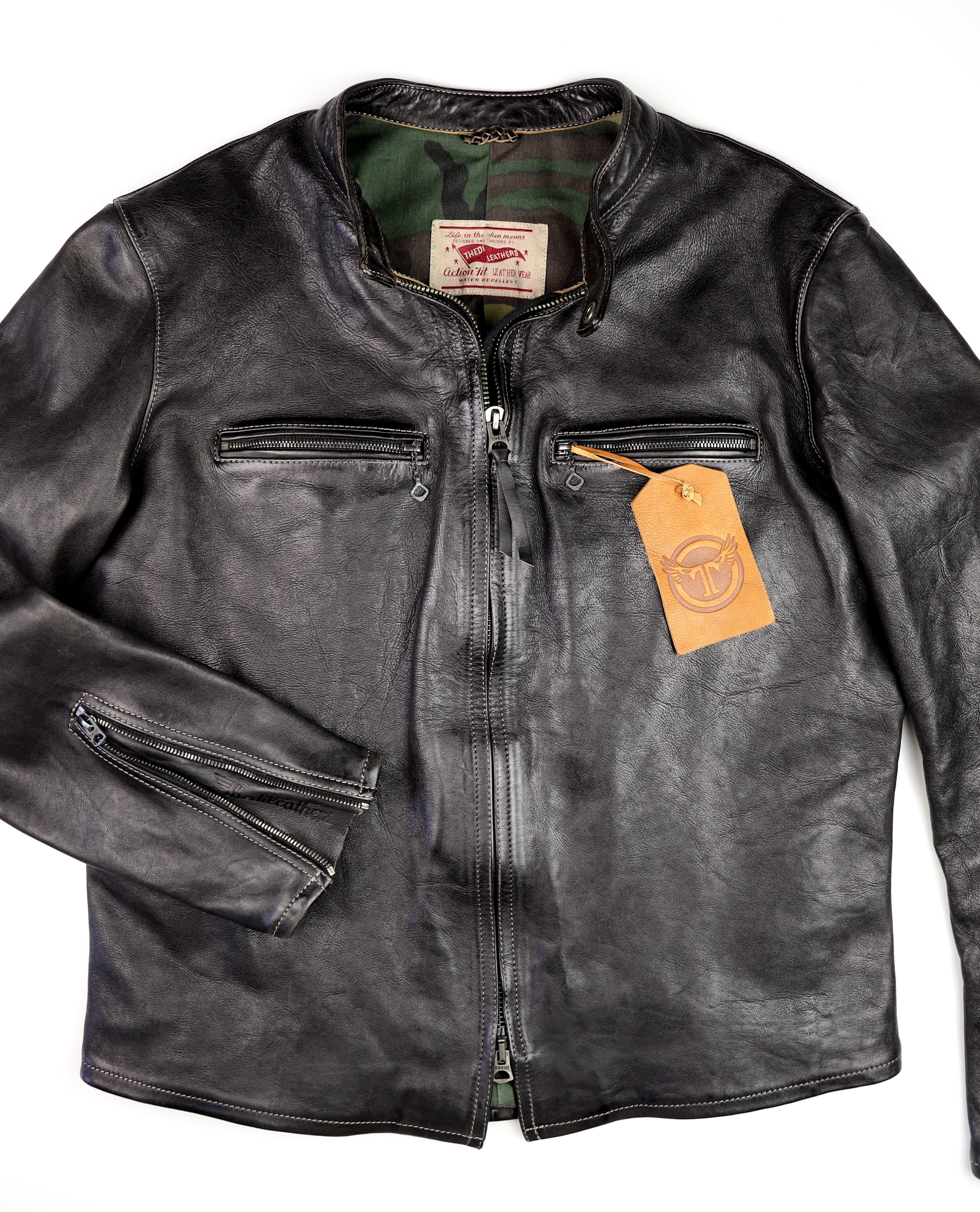 Thedi Phenix Cafe Racer Jacket, size XL, Black Teacore Bruciato Horsehide