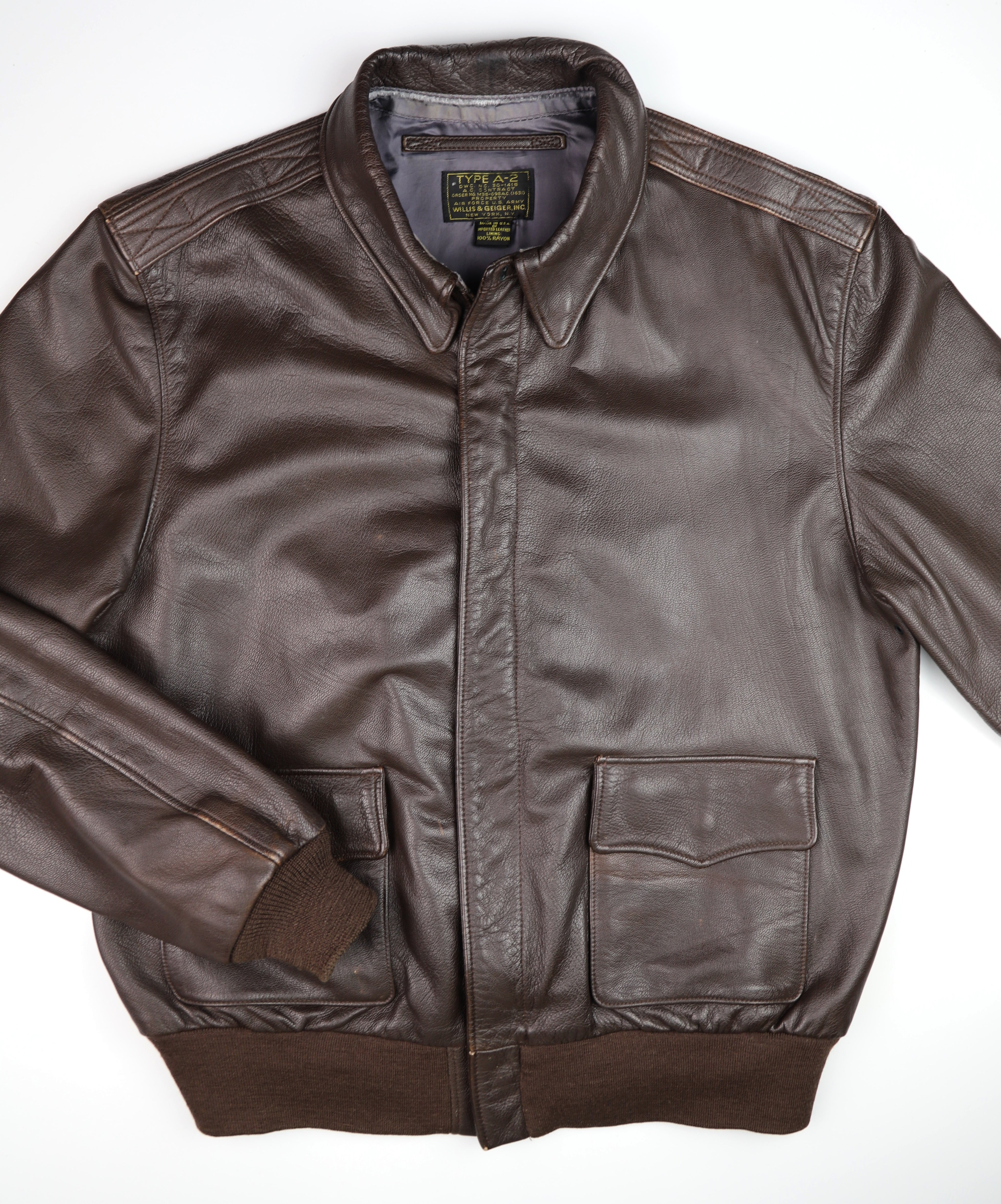 Willis & Geiger A-2 Military Flight Jacket, size 44, Brown Goatskin, Gently Worn