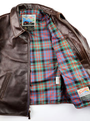 Brown leather jacket unzipped to show tartan pattern lightweight wool lining with one interior pocket.