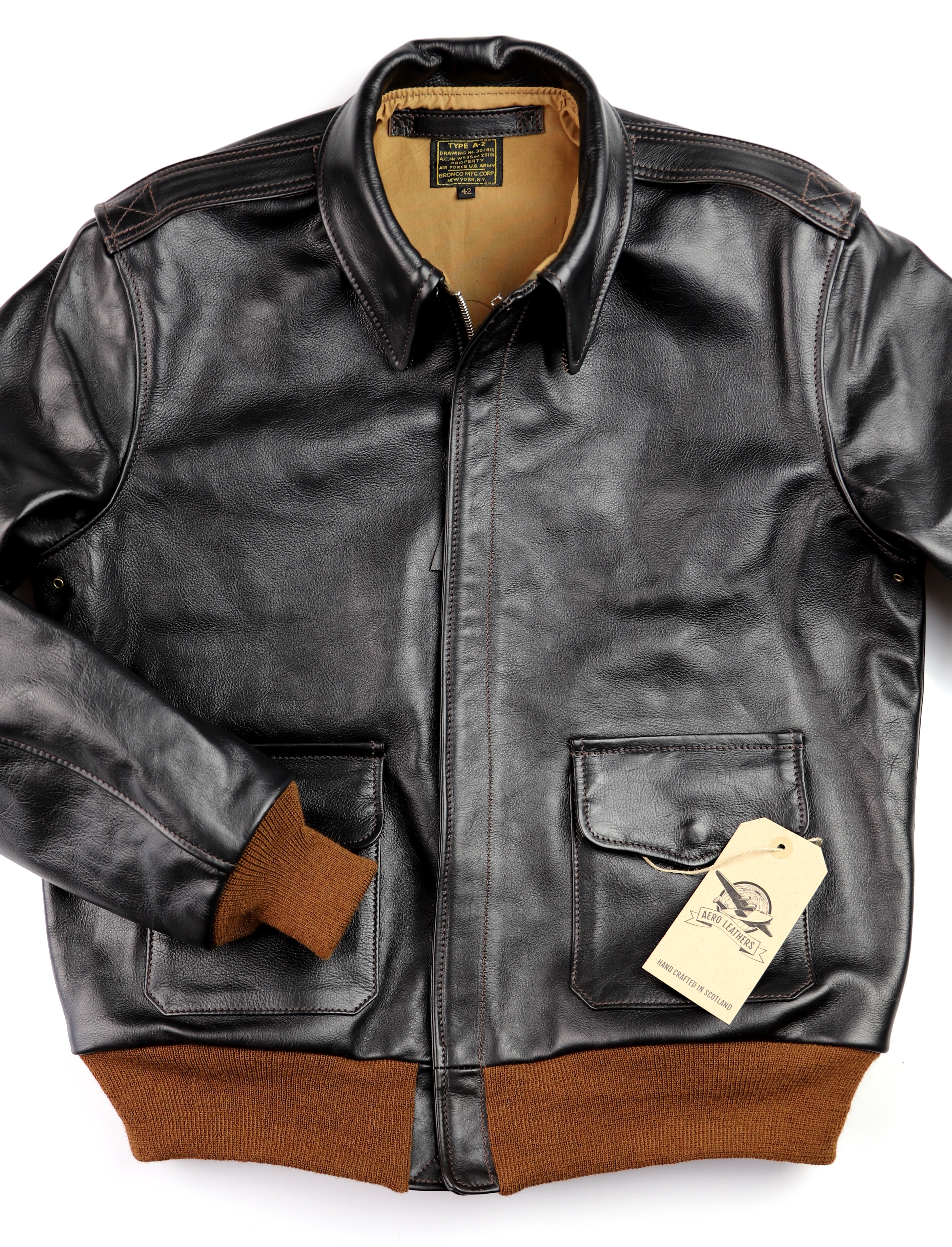 Aero A-2 Military Flight Jacket, size 42, Blackened Brown Vicenza Horsehide