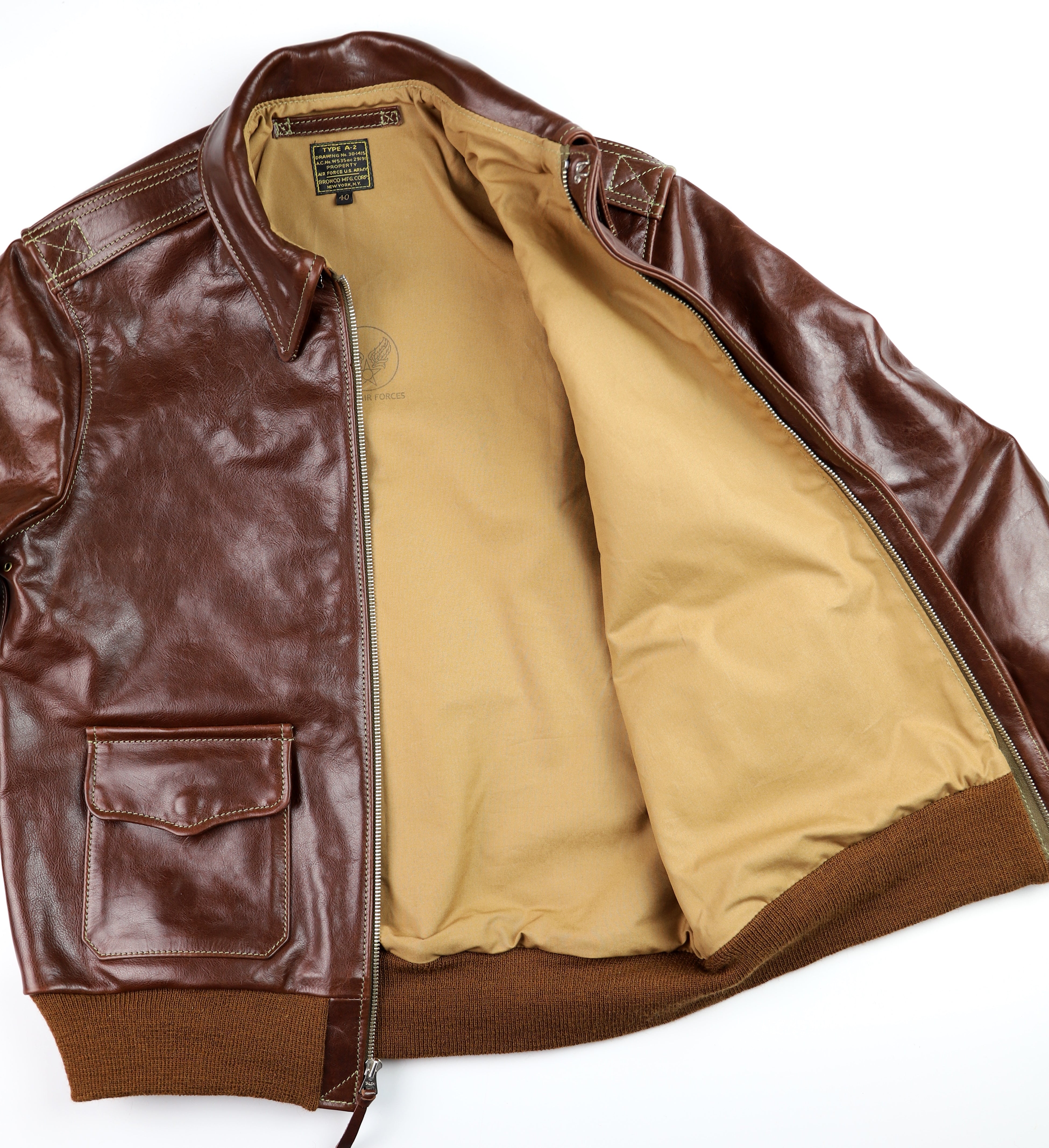 Aero Bronco A-2 Military Flight Jacket, size 40, Tobacco Badalassi Cowhide