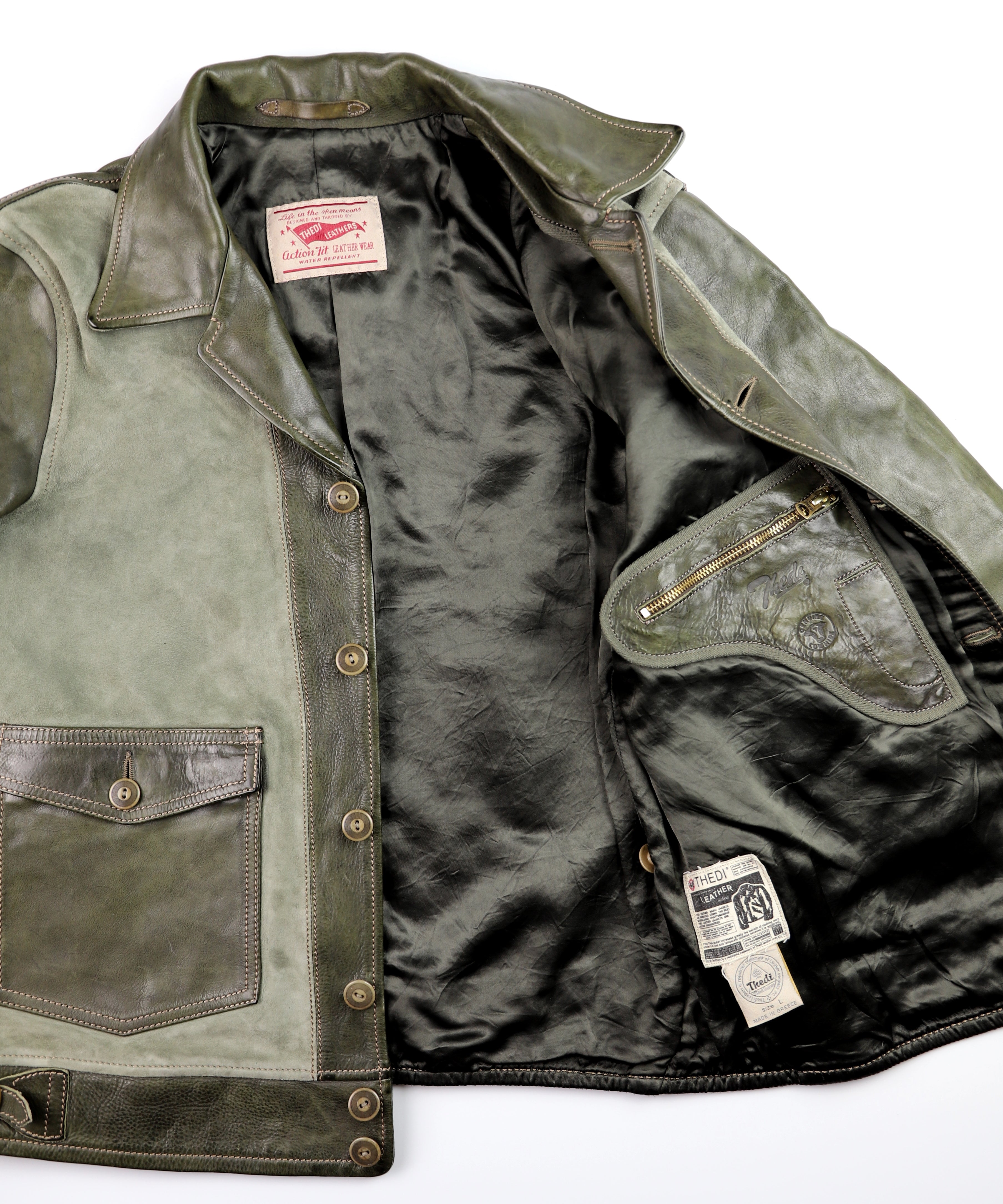 Thedi Niko Button-Up Jacket, size Large, Green Goat Suede and Cowhide