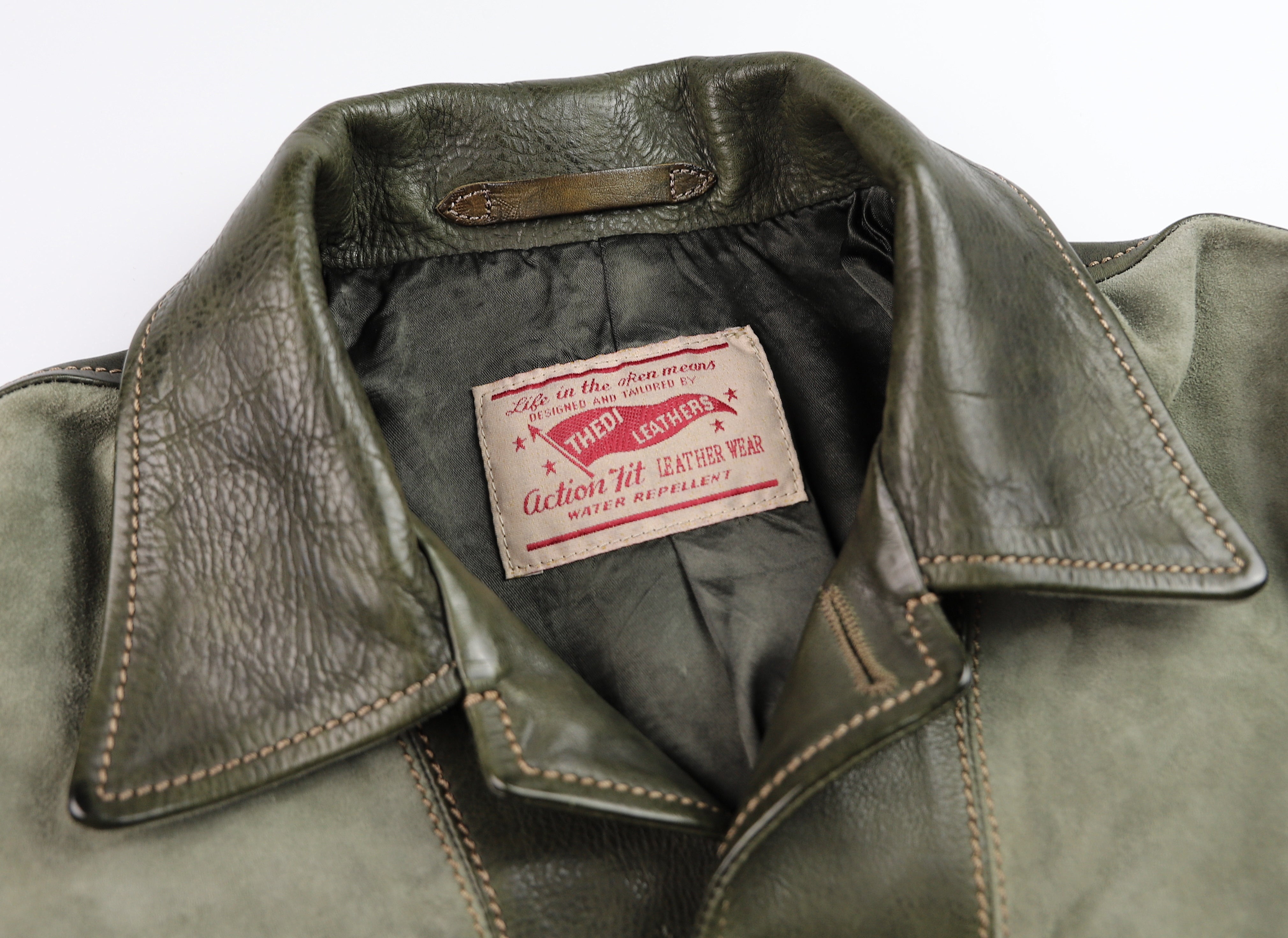 Thedi Niko Button-Up Jacket, size Medium, Green Goat Suede and Cowhide