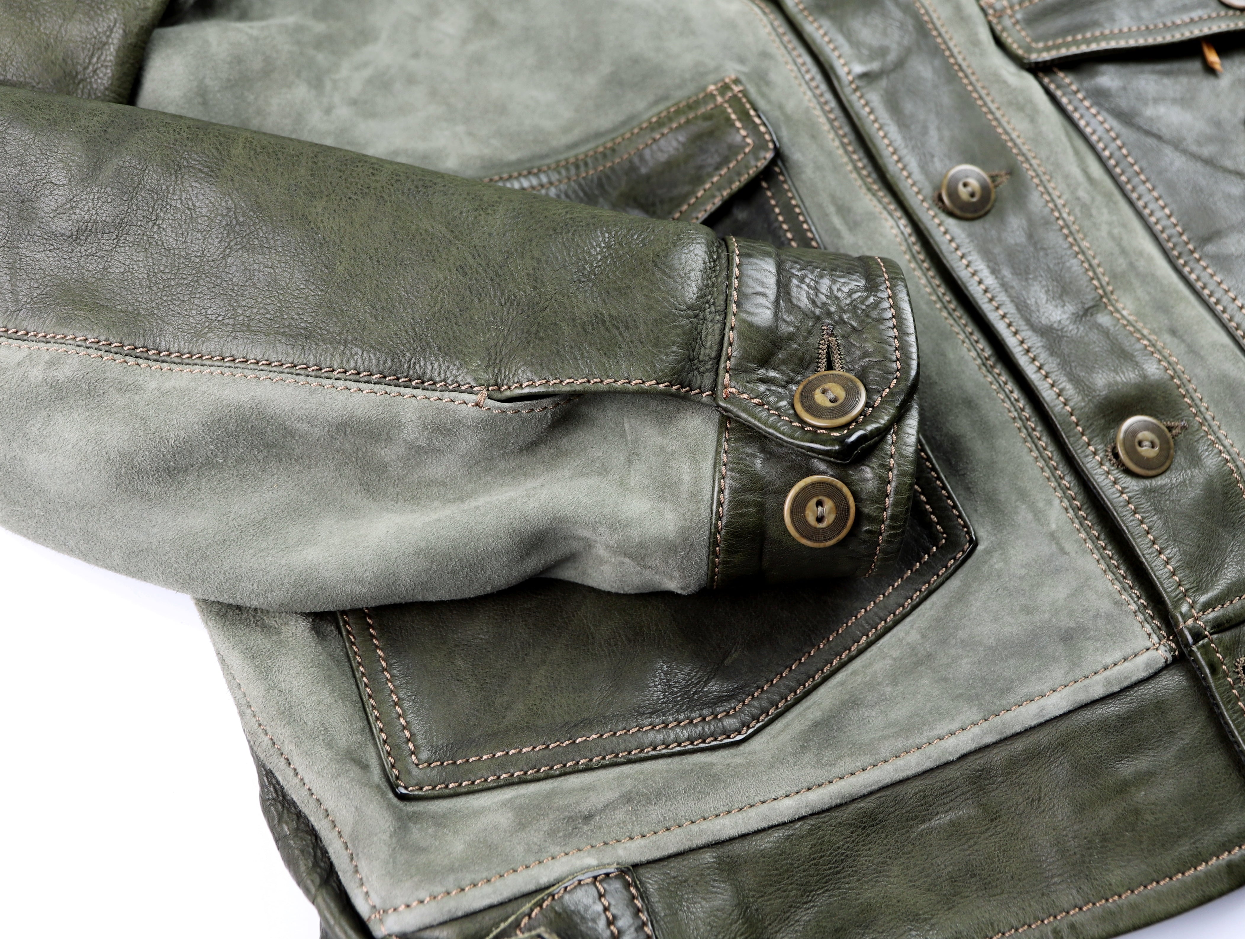 Thedi Niko Button-Up Jacket, size XXL, Green Goat Suede and Cowhide