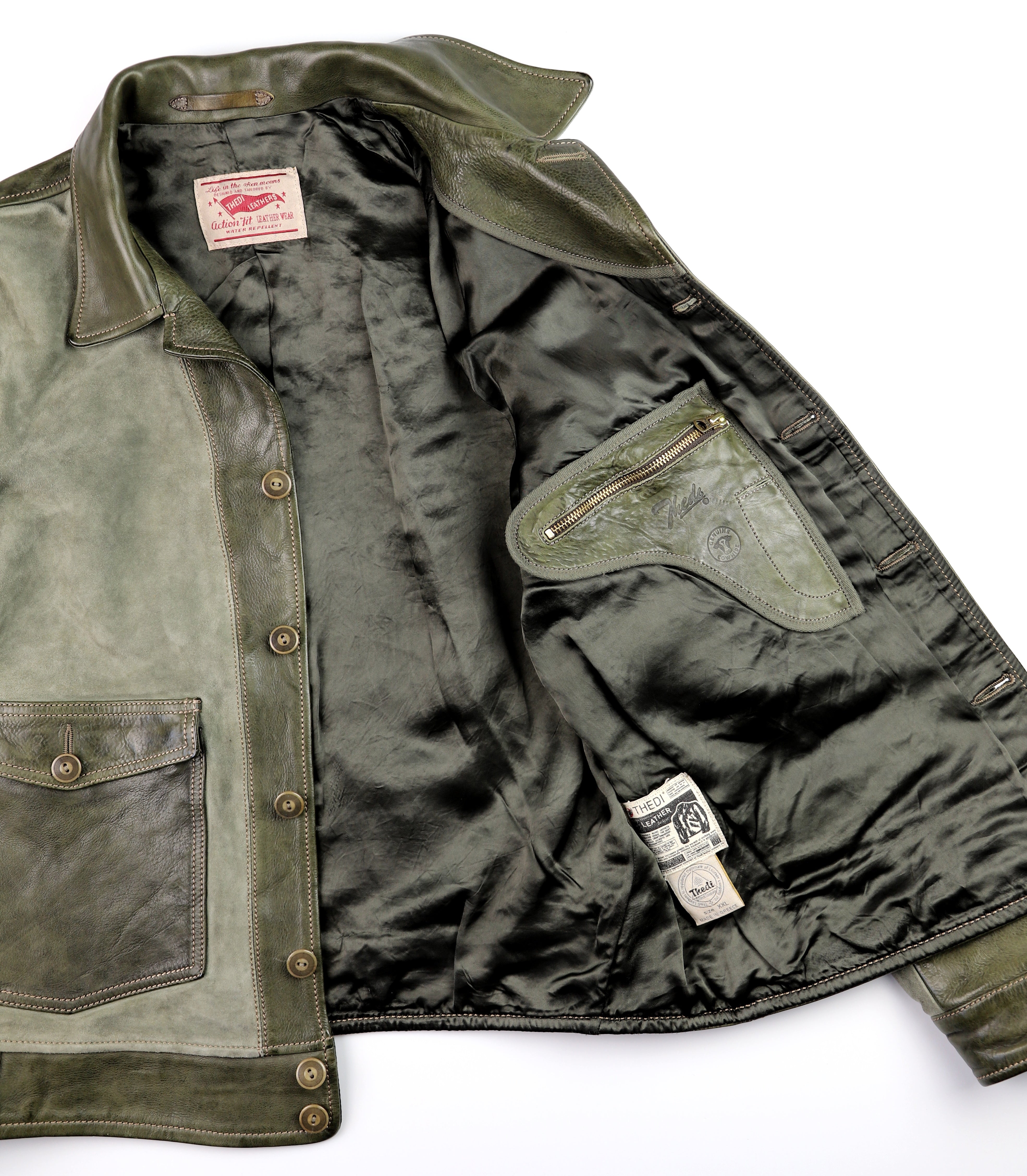 Thedi Niko Button-Up Jacket, size XXL, Green Goat Suede and Cowhide