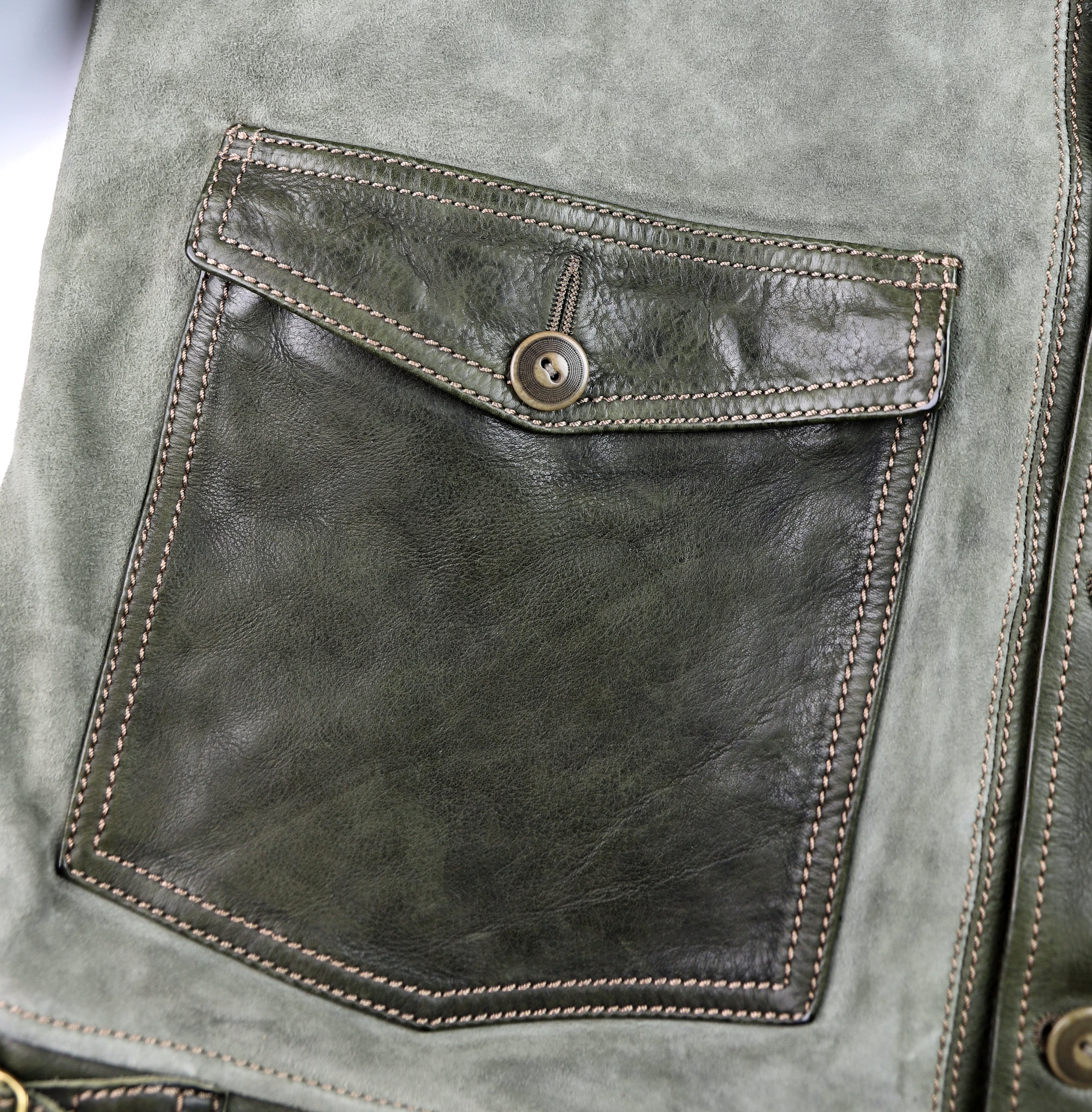 Thedi Niko Button-Up Jacket, size XXL, Green Goat Suede and Cowhide