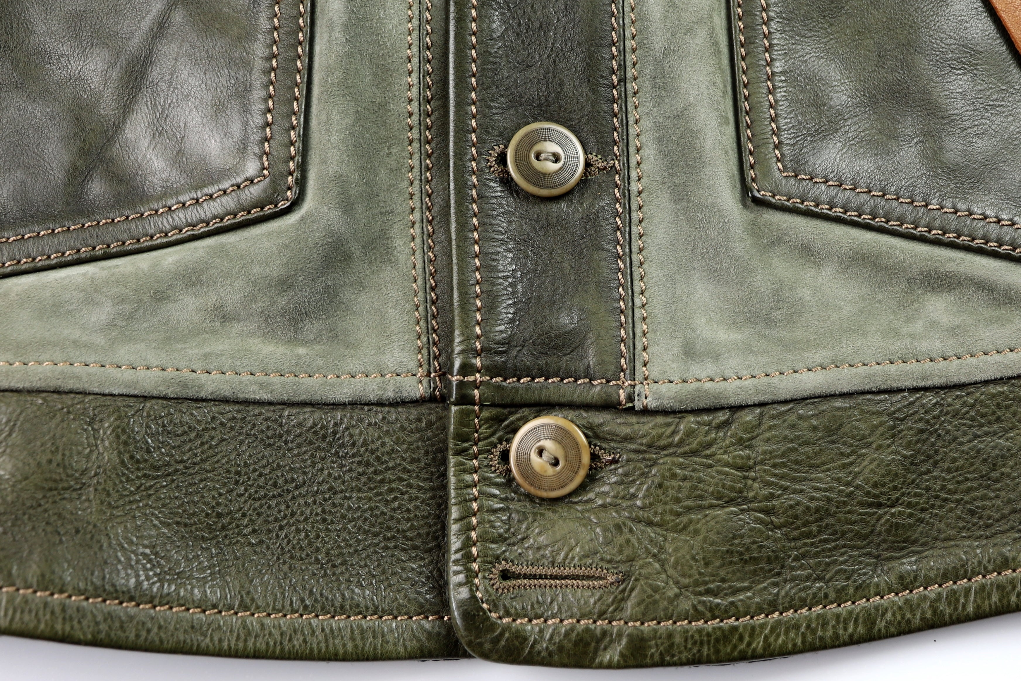 Thedi Niko Button-Up Jacket, size XL, Green Goat Suede and Cowhide