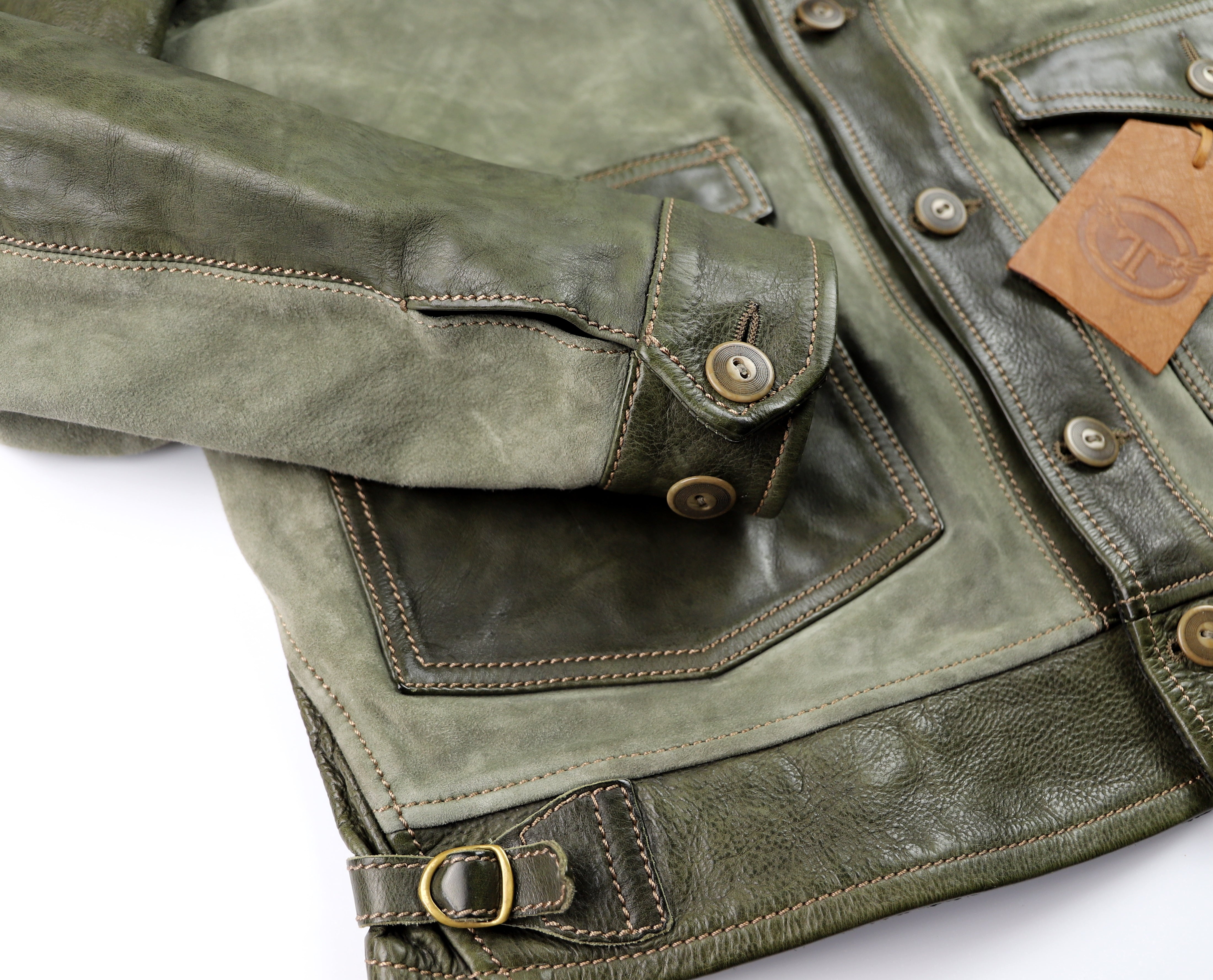 Thedi Niko Button-Up Jacket, size XL, Green Goat Suede and Cowhide