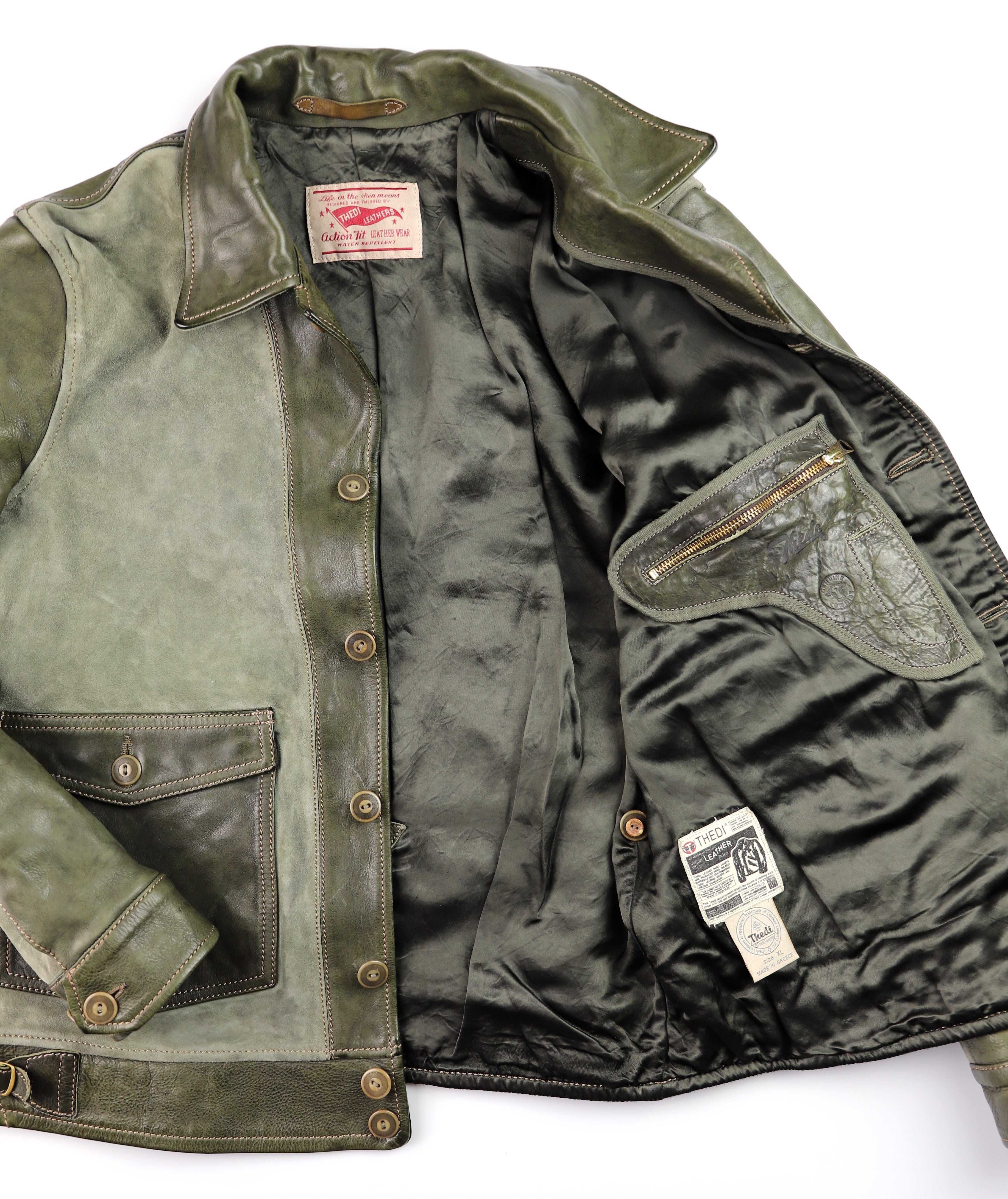 Thedi Niko Button-Up Jacket, size XL, Green Goat Suede and Cowhide
