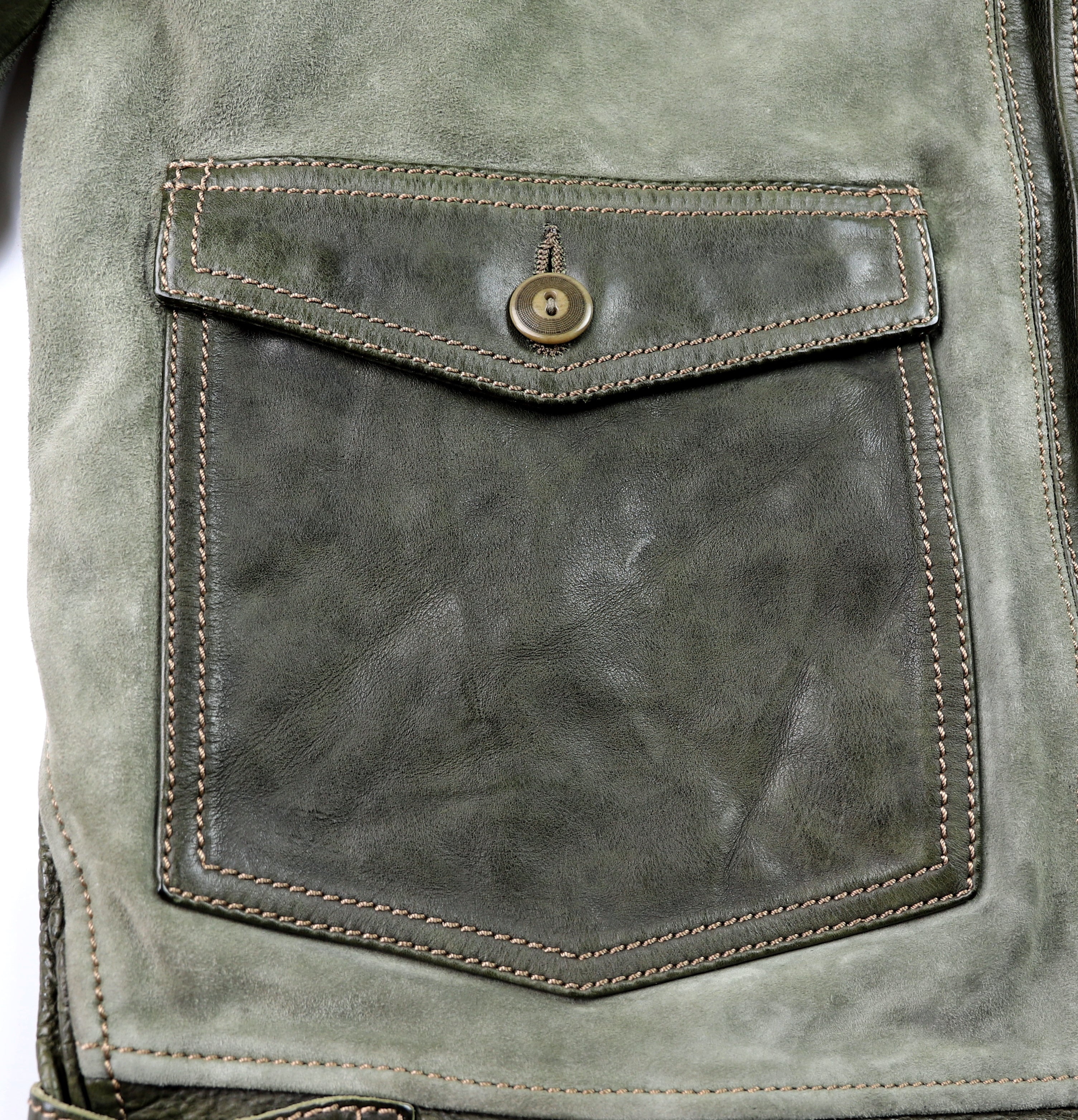 Thedi Niko Button-Up Jacket, size XL, Green Goat Suede and Cowhide