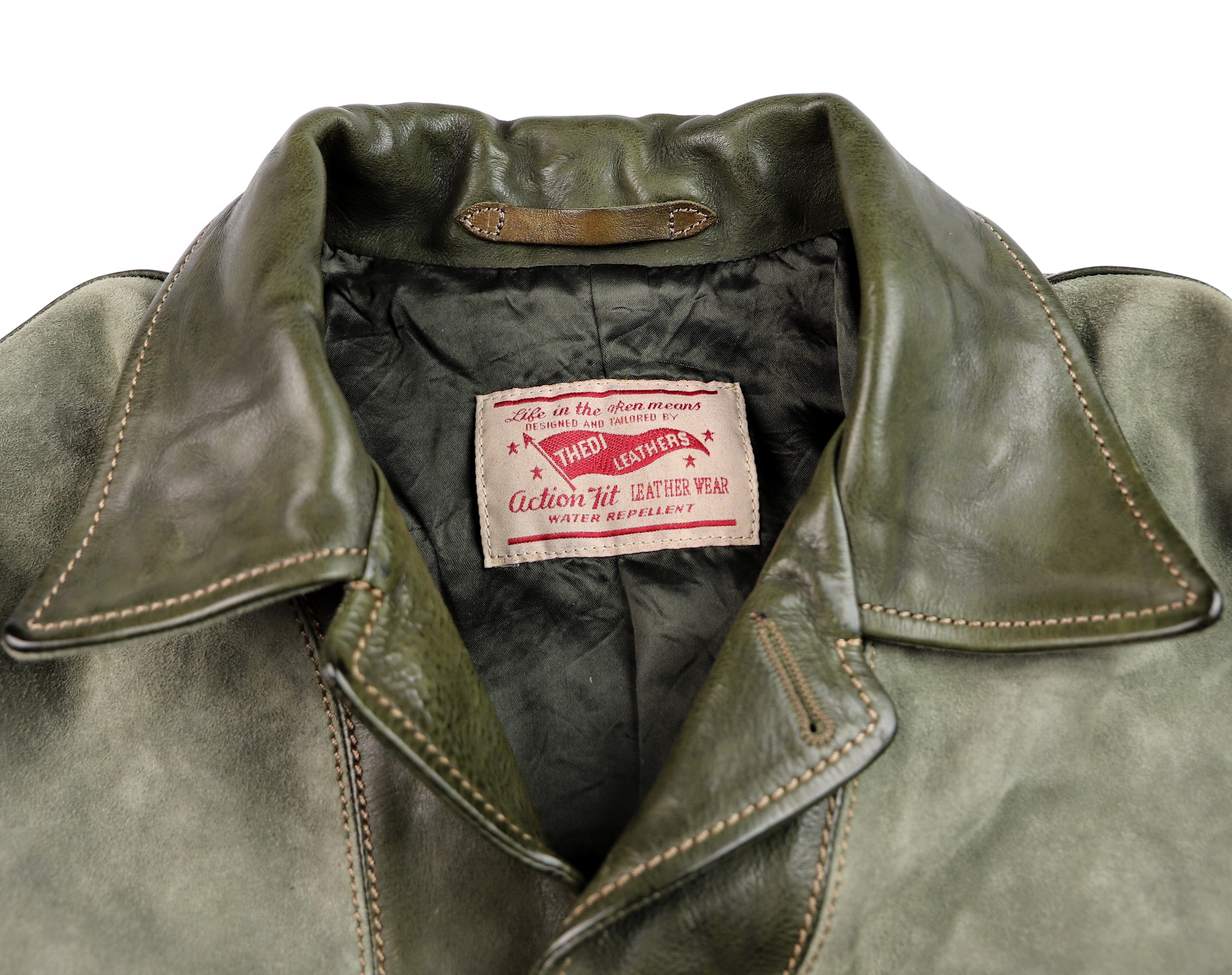 Thedi Niko Button-Up Jacket, size XL, Green Goat Suede and Cowhide