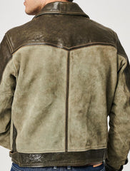 Thedi Niko Button-Up Jacket, size Medium, Green Goat Suede and Cowhide