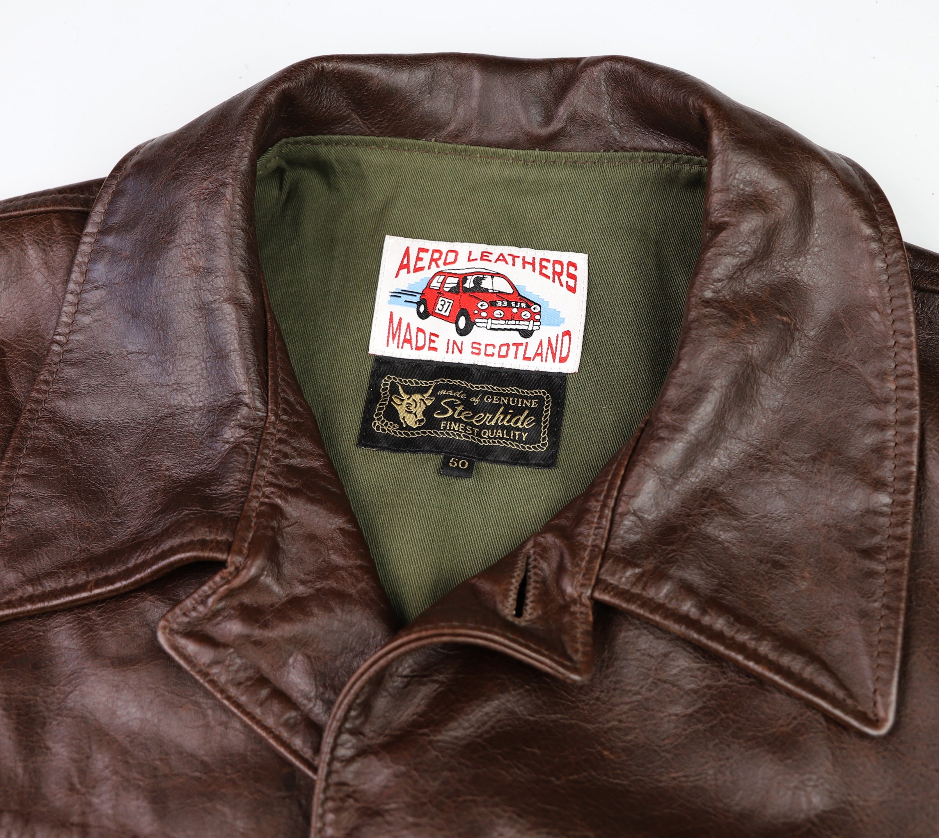 Aero Veste de Rallye, size 50, Battered Brown Steerhide, Gently Worn