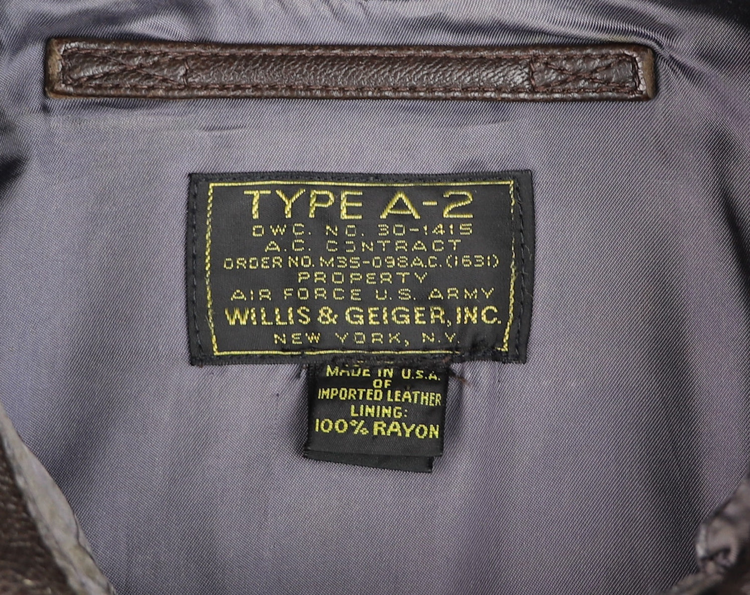 Willis & Geiger A2 Military Flight Jacket, size 44, Brown Goatskin, G