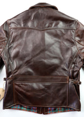 Back of brown leather jacket with "V" yoke and and half belt panel with side cinches.
