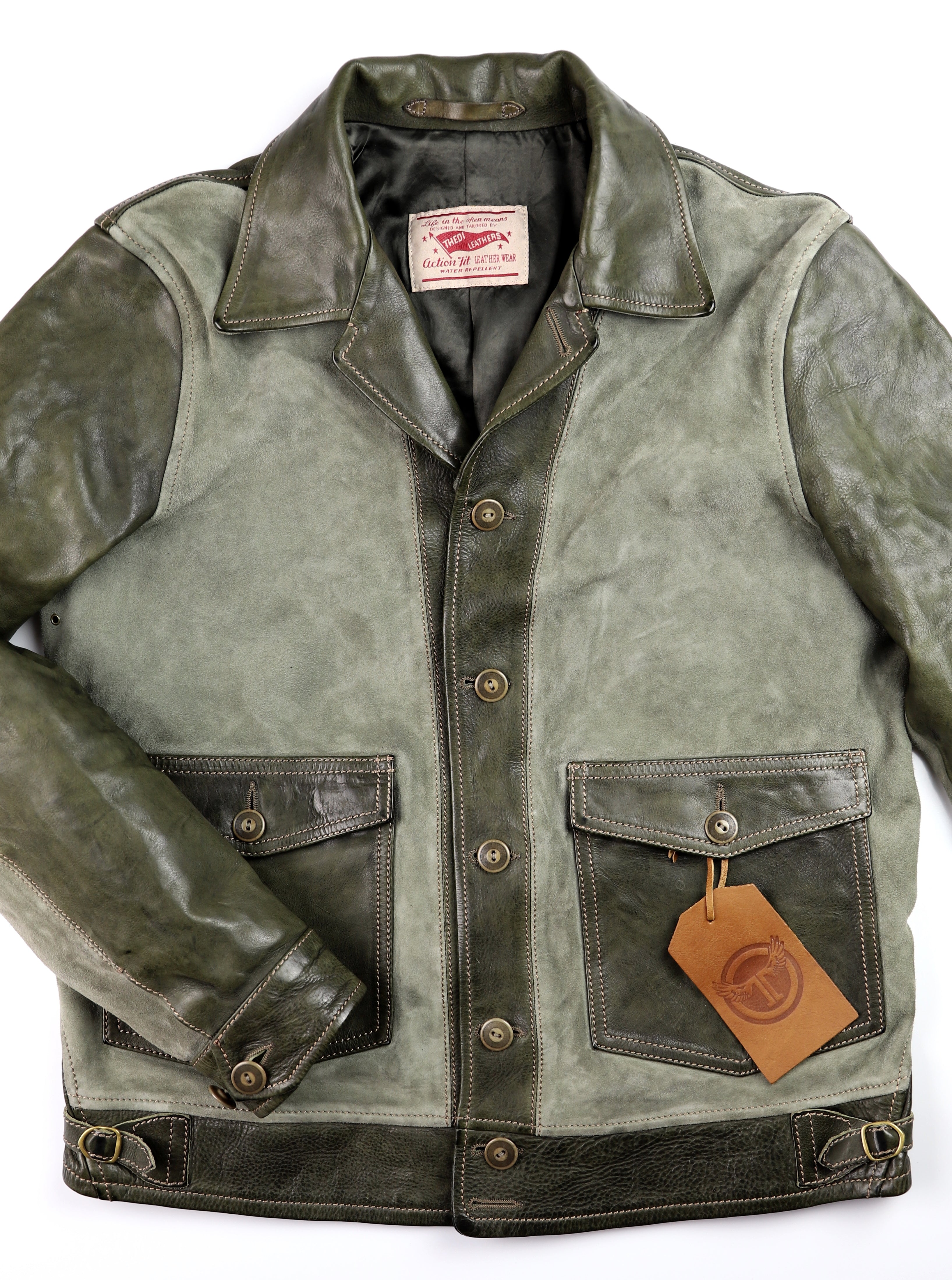 Thedi Niko Button-Up Jacket, size Large, Green Goat Suede and Cowhide