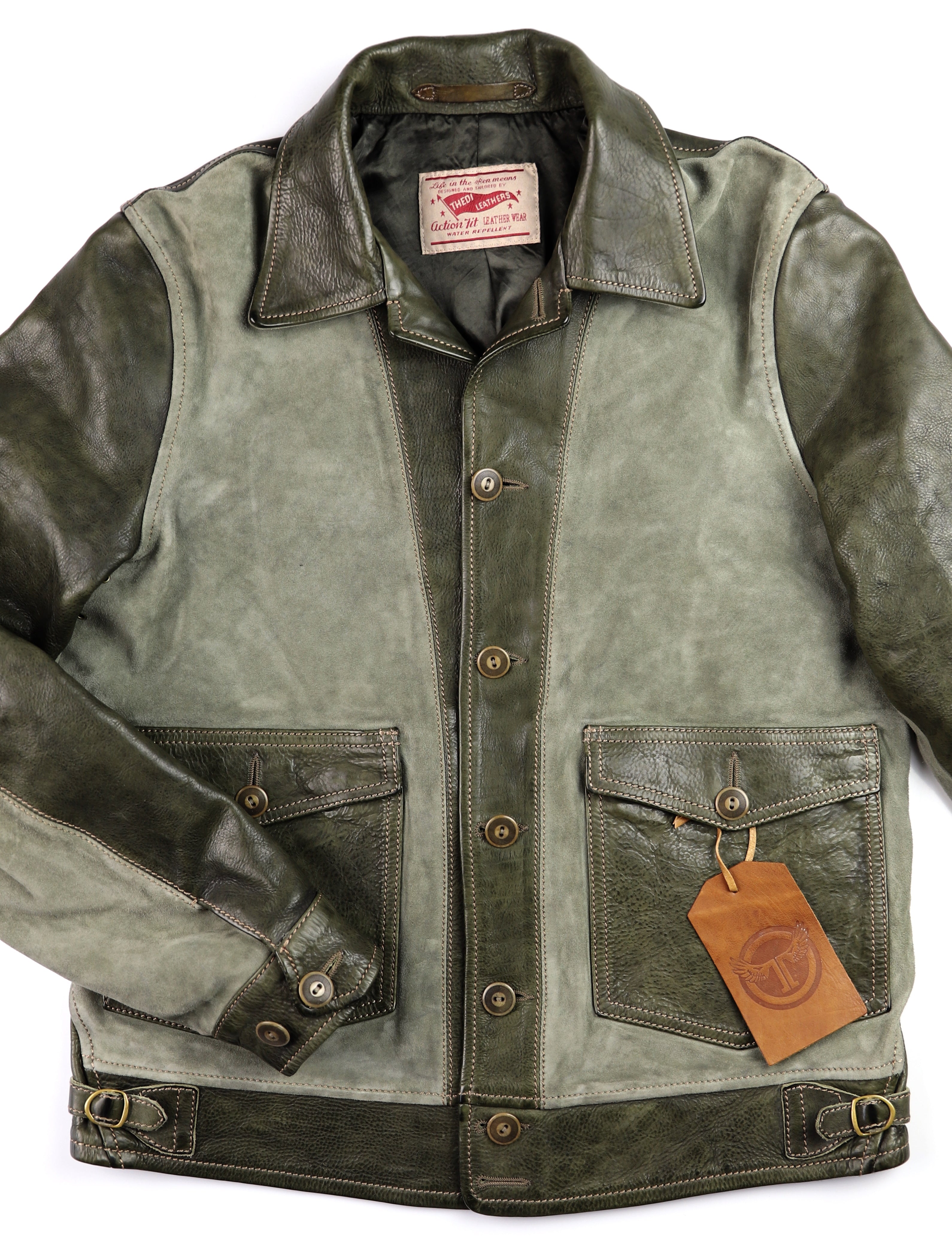 Thedi Niko Button-Up Jacket, size Medium, Green Goat Suede and Cowhide