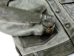 Thedi Niko Button-Up Jacket, size XXL, Green Goat Suede and Cowhide