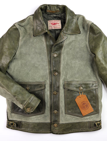 Thedi Niko Button-Up Jacket, size XL, Green Goat Suede and Cowhide