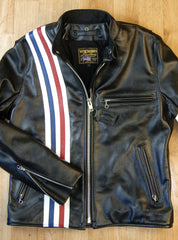 Front of black leather motorcycle jacket.  Right side stripes of red, white and blue.  Left side chest pocket and handwarmer pockets, all with ring pull zippers.