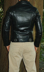 Photo of man modelling Vanson Daredevil., black leather motorcycle jacket. Back of jacket.