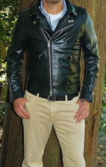 Photo of man modelling Vanson Daredevil., black leather motorcycle jacket.