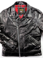 Black leather jacket with asymmetrical nickel zipper, three pockets, collar with lapel that snaps down and zippered sleeves.