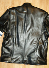 Black of black leather motorcycle jacket.  Vertical center seam with shoulder gussets that open.