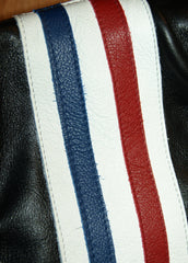 Close-up of red, white and blue stripes on right shoulder.